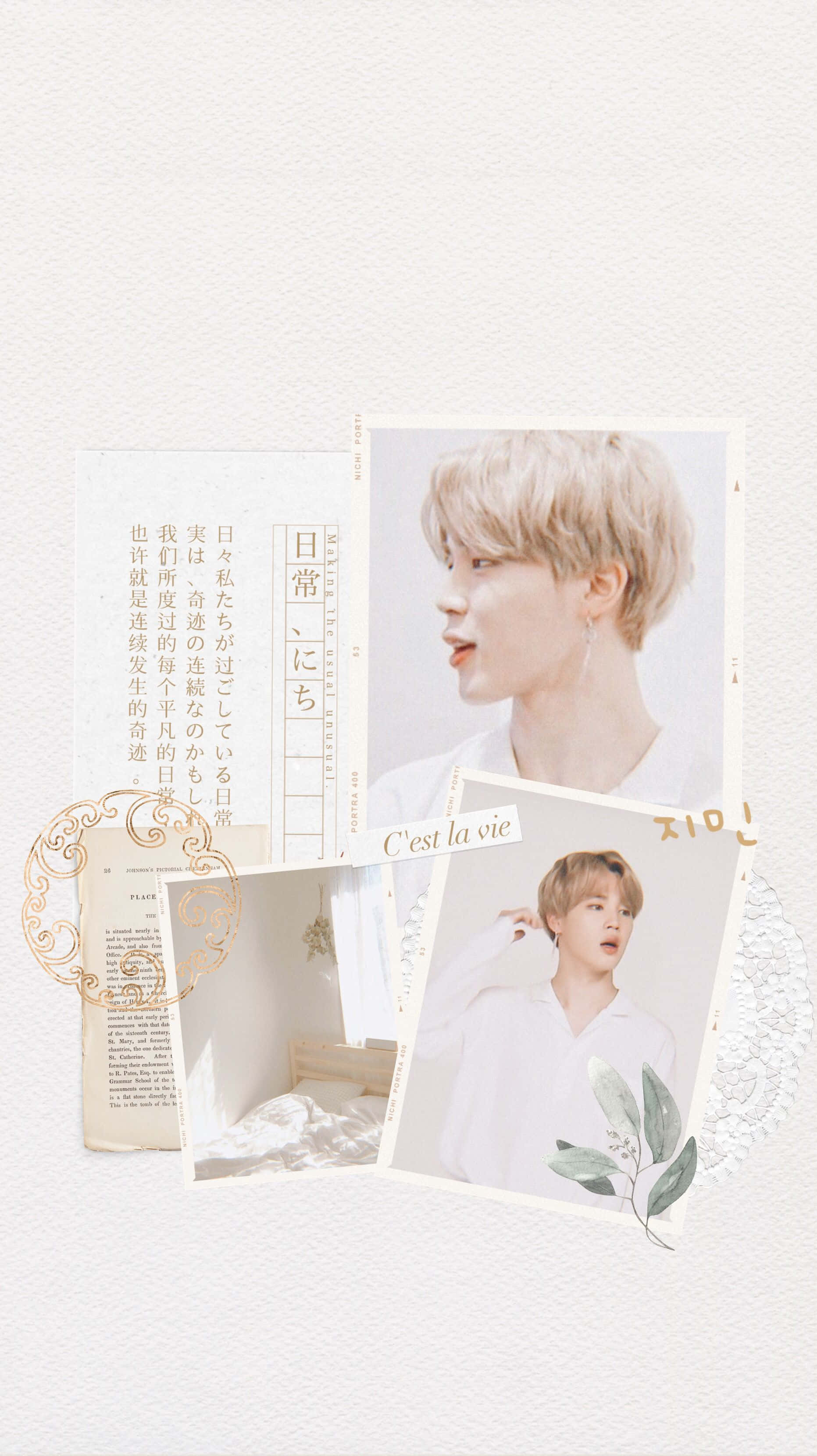 Jimin Aesthetic 桌布 壁紙 — 一個柔和粉彩拼貼畫，描繪一位身穿白襯衫的年輕男子，帶有日文字句和裝飾元素，置於紋理紙上。