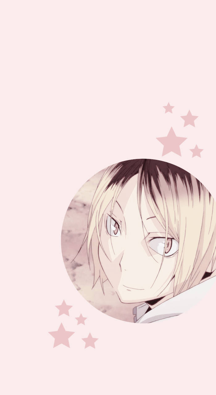 Kenma Kozume 桌布 壁紙 — 一個柔和粉紅色的動漫肖像，描繪一位金髮角色，星星在圓形框架中漂浮。