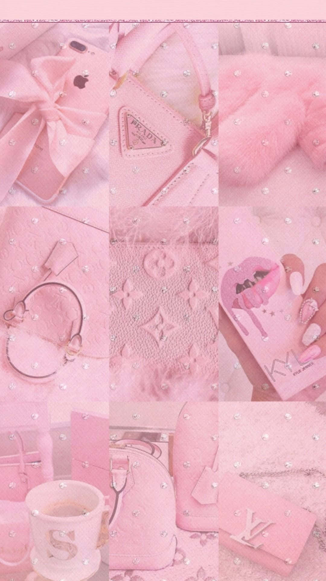 Pink Aesthetic Tumblr 桌布 壁紙 — 一個柔和粉紅色的奢華配件及時尚單品拼貼，飾有珍珠和亮粉。