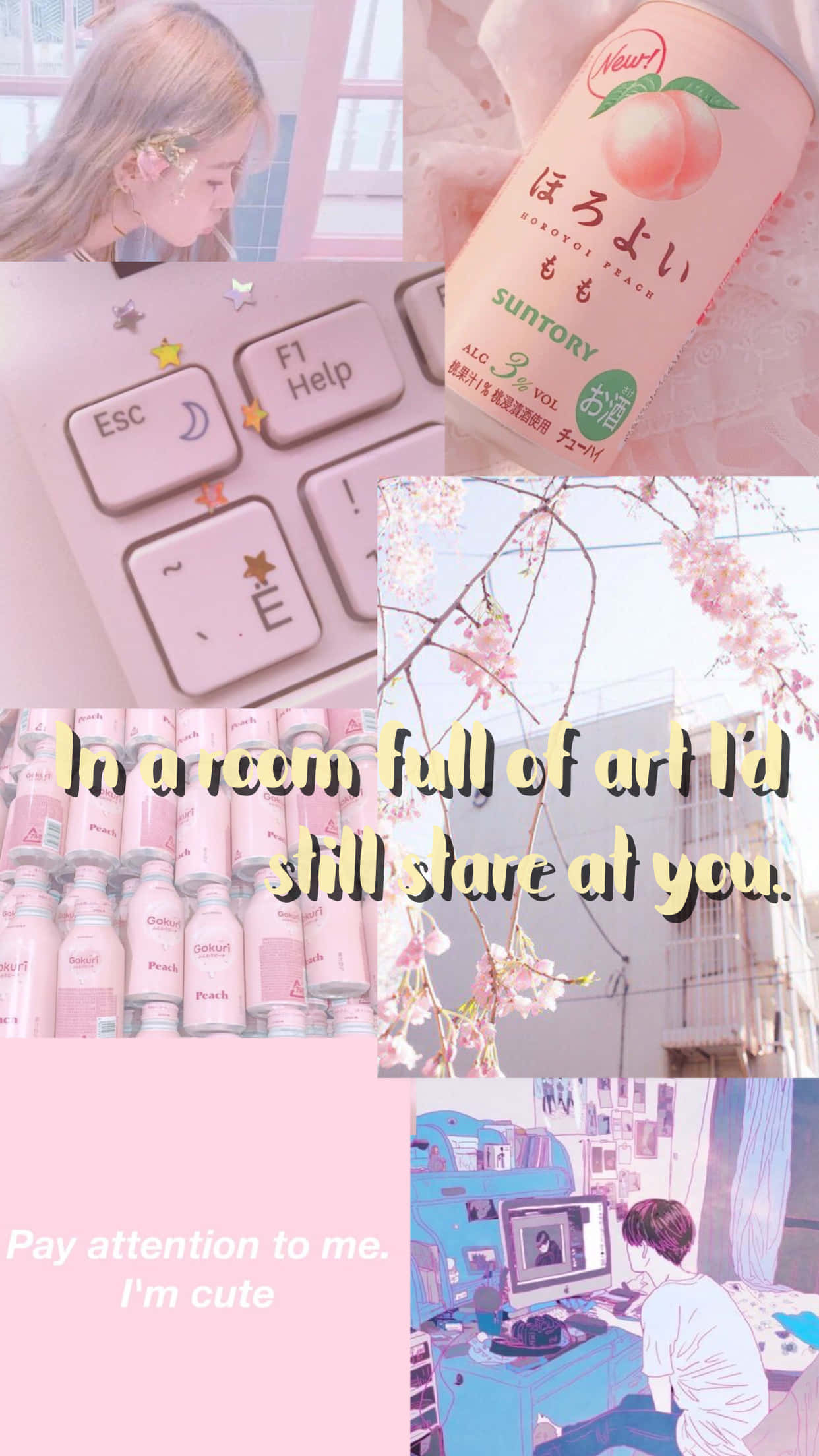 Kpop Kawaii 桌布 壁紙 — 一個柔和粉紅色的拼貼畫，包含一個戴著花朵髮夾的女孩、一杯蜜桃味飲料、櫻花，以及一個正在使用電腦的人。