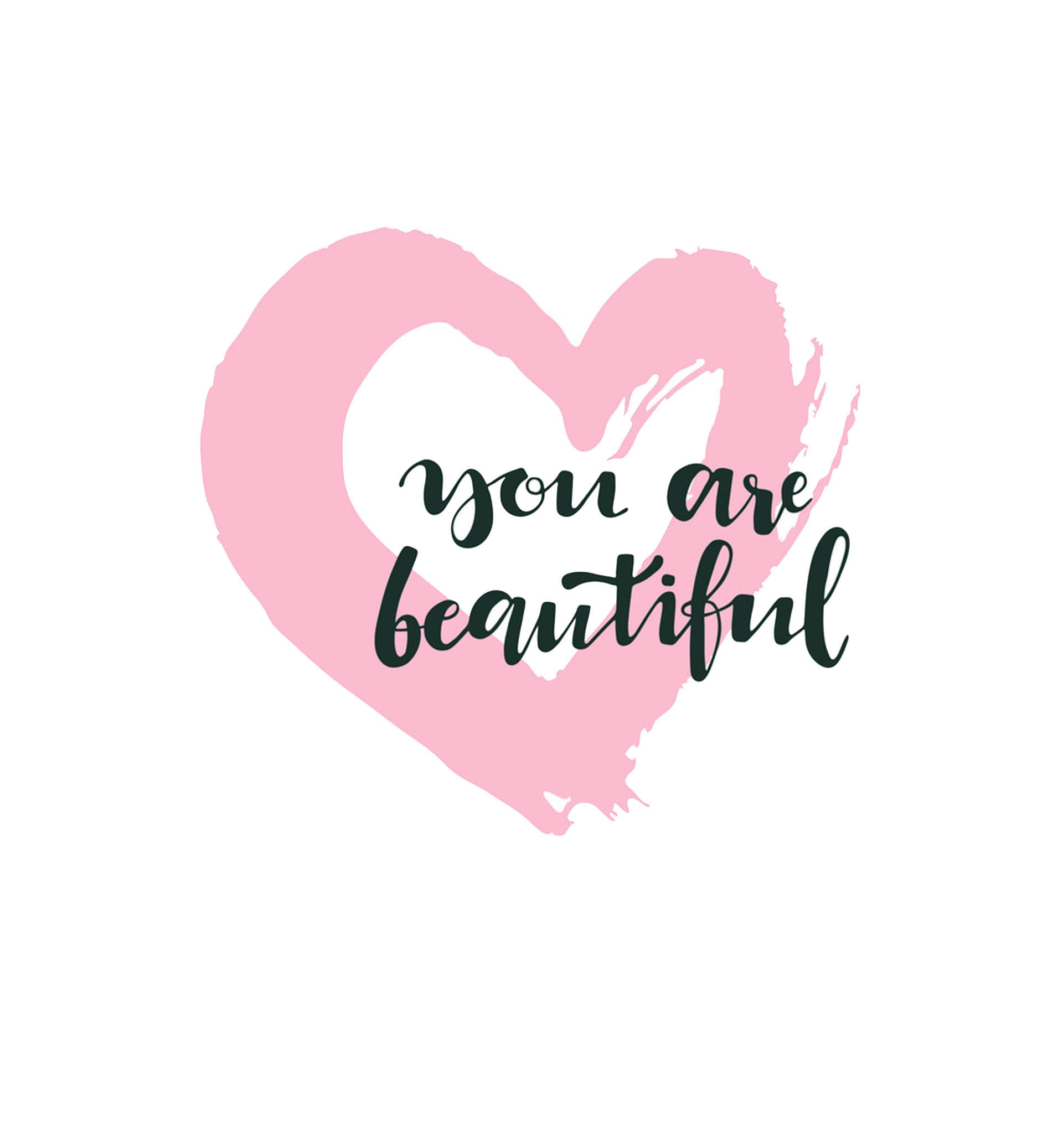 You Are Beautiful 桌布 壁紙 — 一個柔和粉紅色筆觸的心形，中央有優雅黑色字體寫著「你很美麗」的句子，置於白色背景上。