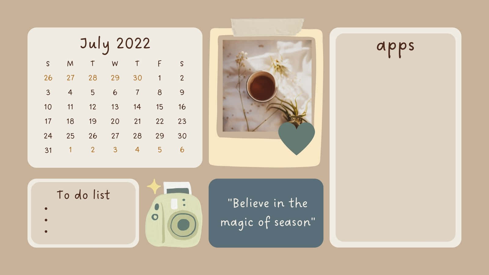 Calendar 桌布 壁紙 — 一個柔和色調的數位規劃版面，包含2022年7月日曆、待辦事項應用程式部分，以及一張帶有花朵的茶的照片。