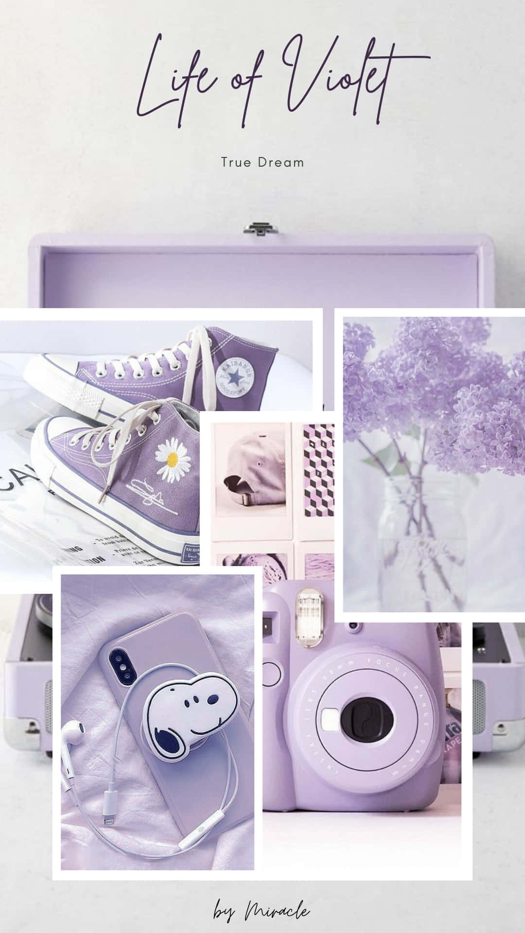 Purple Aesthetic Tumblr 桌布 壁紙 — 一個柔和薰衣草主題的拼貼畫，包含運動鞋、花朵、相機、手機及配件，以夢幻美學排列。