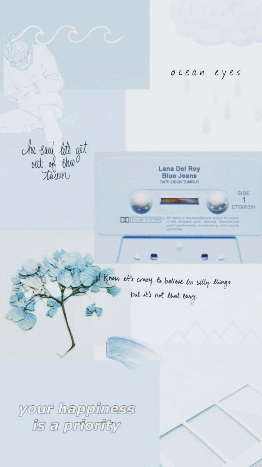 Aesthetic Blue Collage 桌布 壁紙 — 一個柔和藍色拼貼畫，包含卡式錄音帶、歌詞、海洋之眼、繡球花和手寫語錄，呈現極簡美學。
