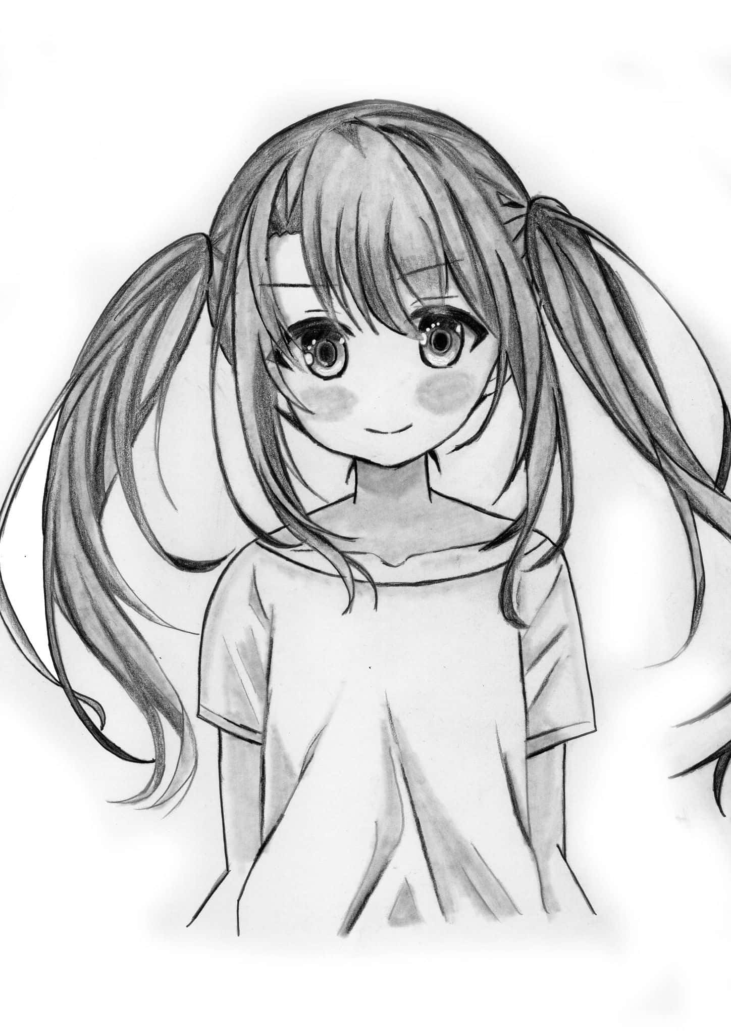 動漫繪圖 桌布 壁紙 — 一個柔和鉛筆素描，描繪一個快樂的動漫女孩，紮著雙馬尾，臉頰紅潤，溫柔地對觀眾微笑。