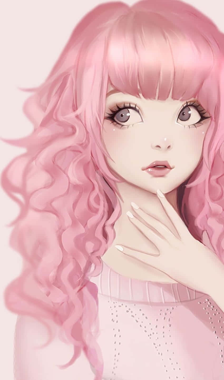 Pastel Pink Aesthetic Anime 桌布 壁紙 — 一個柔軟的動漫女孩，擁有豐滿的粉紅色捲髮和寬大富有表現力的眼睛，在蒼白的背景下輕輕觸摸她的脖子。