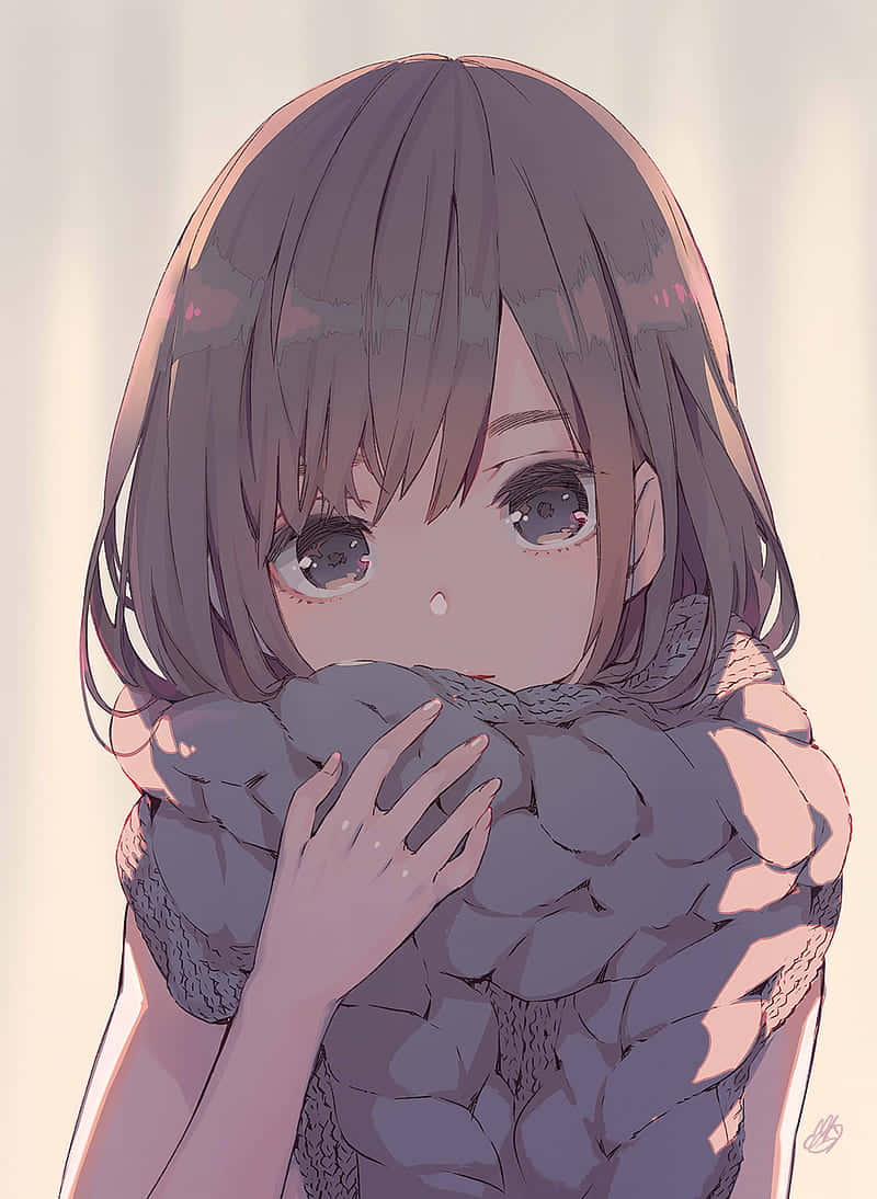 動漫女孩 桌布 壁紙 — 一個柔軟的動漫女孩，紫色頭髮，擁抱著一條厚實的針織圍巾，溫柔地凝視著觀眾。