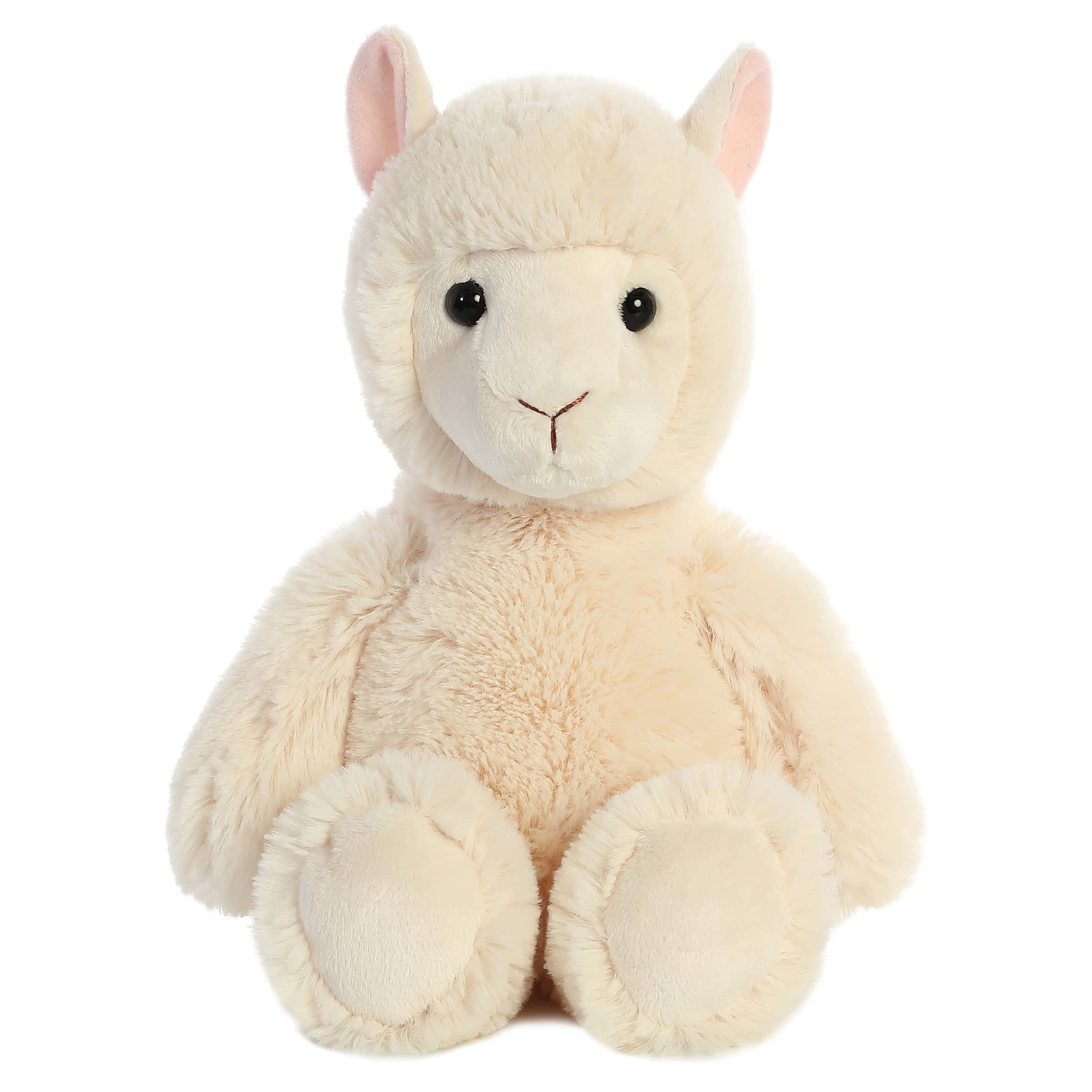 Cuddly 桌布 壁紙 — 一個柔軟的奶油色羊駝毛絨玩具在純白色背景上直立坐著，有粉紅色的內耳和黑色的鈕扣眼睛。