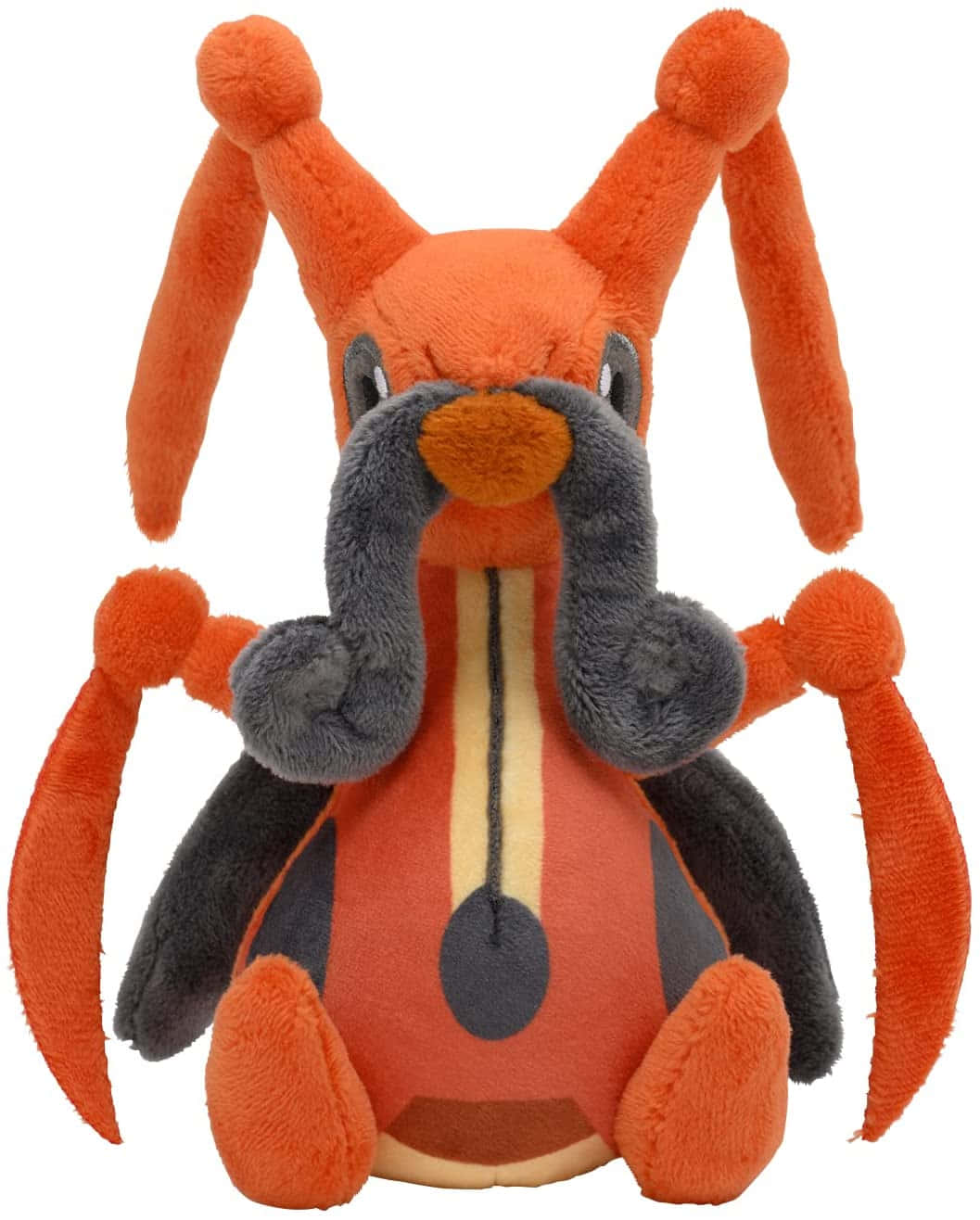 任天堂 桌布 壁紙 — 一個柔軟的橙色 Pokémon 飛天螳螂毛絨玩具，帶有灰色手臂和黑色翅膀，直立坐在白色背景前。