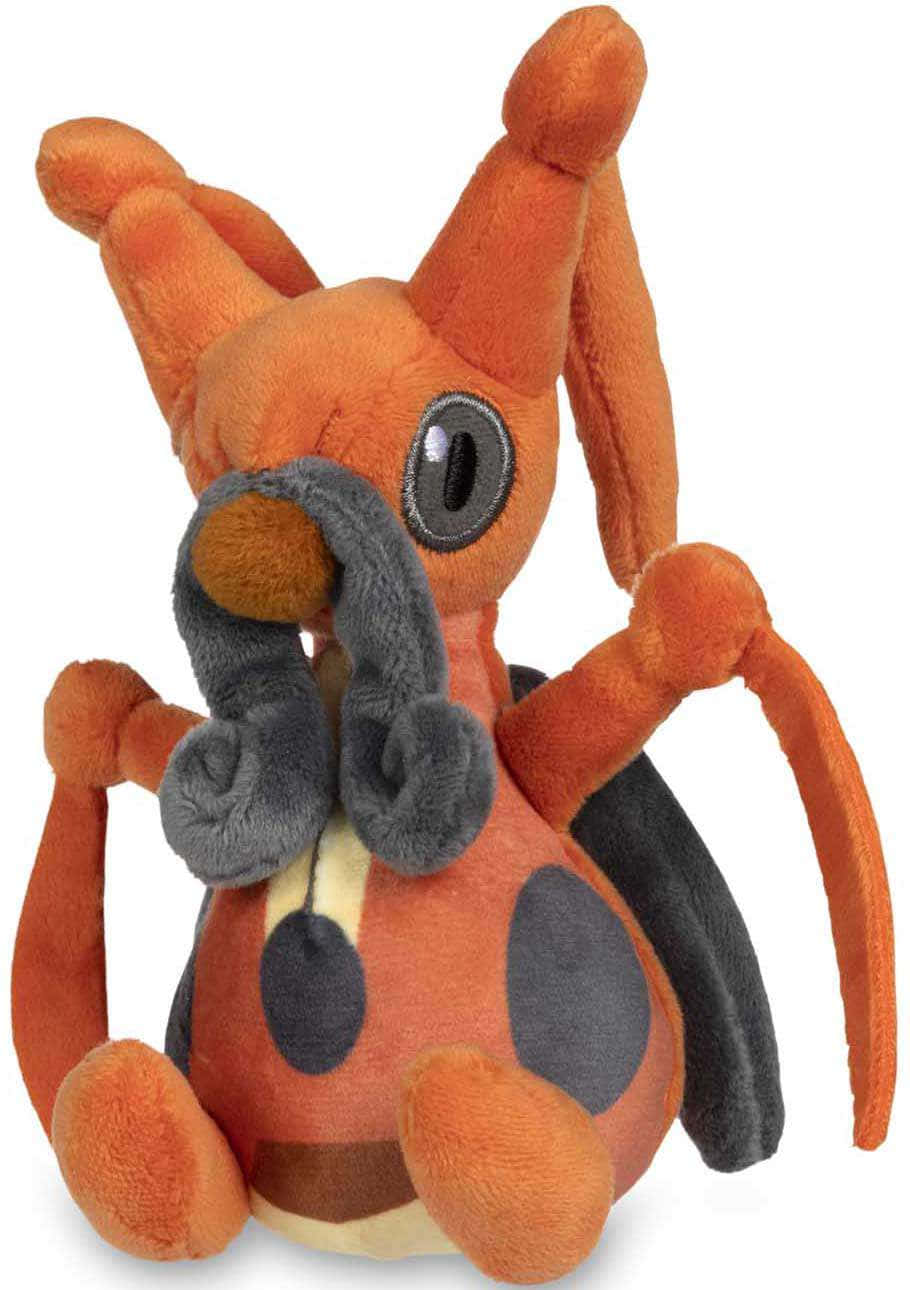任天堂 桌布 壁紙 — 一個柔軟的橙色 Pokémon Gligar 毛絨玩具，帶有灰色點綴和大圓眼睛，坐在白色背景前。