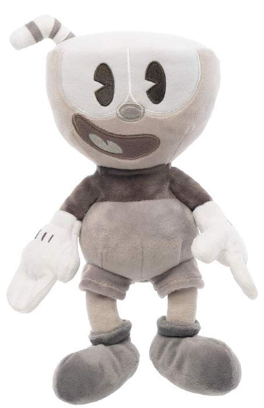 茶杯頭 桌布 壁紙 — 一個柔軟的灰色 Cuphead 毛絨玩具，大眼睛和咧嘴笑，站在白色背景前。