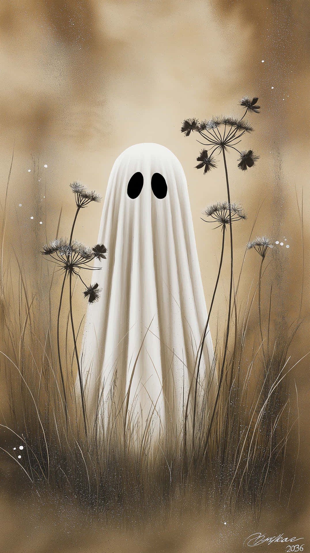 Solemn Ghost Figure in Textured Field with Wild Plants 壁紙 — 一個柔軟的白色幽靈，有著黑色橢圓形的眼睛，站在高高的金色草叢中，旁邊是精緻的蒲公英種子頭，在朦朧溫暖的天空下。