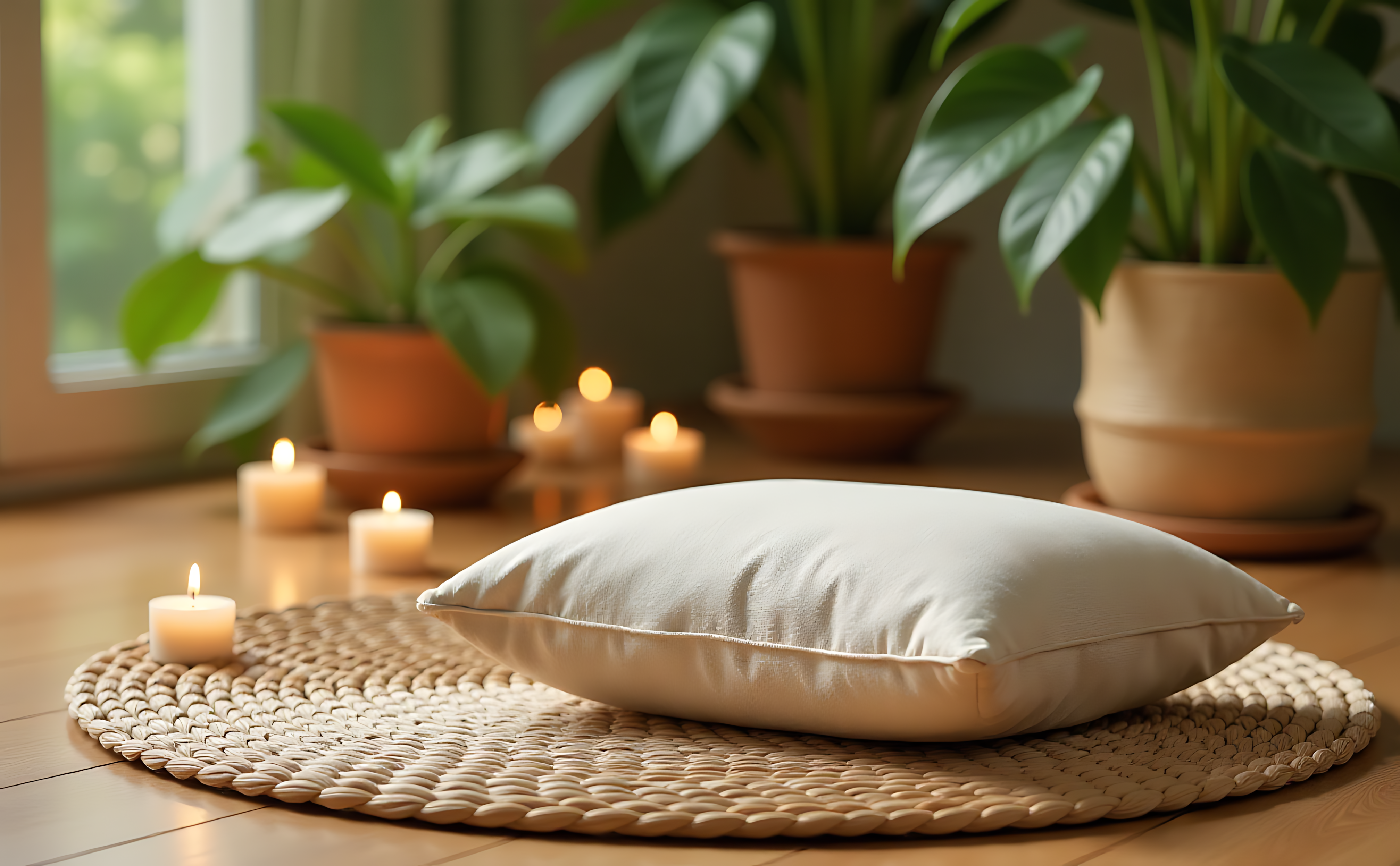 Cushion 桌布 壁紙 — 一個柔軟的白色枕頭放在編織墊上，旁邊有發光的蠟燭和盆栽植物，靠近陽光照耀的窗戶。