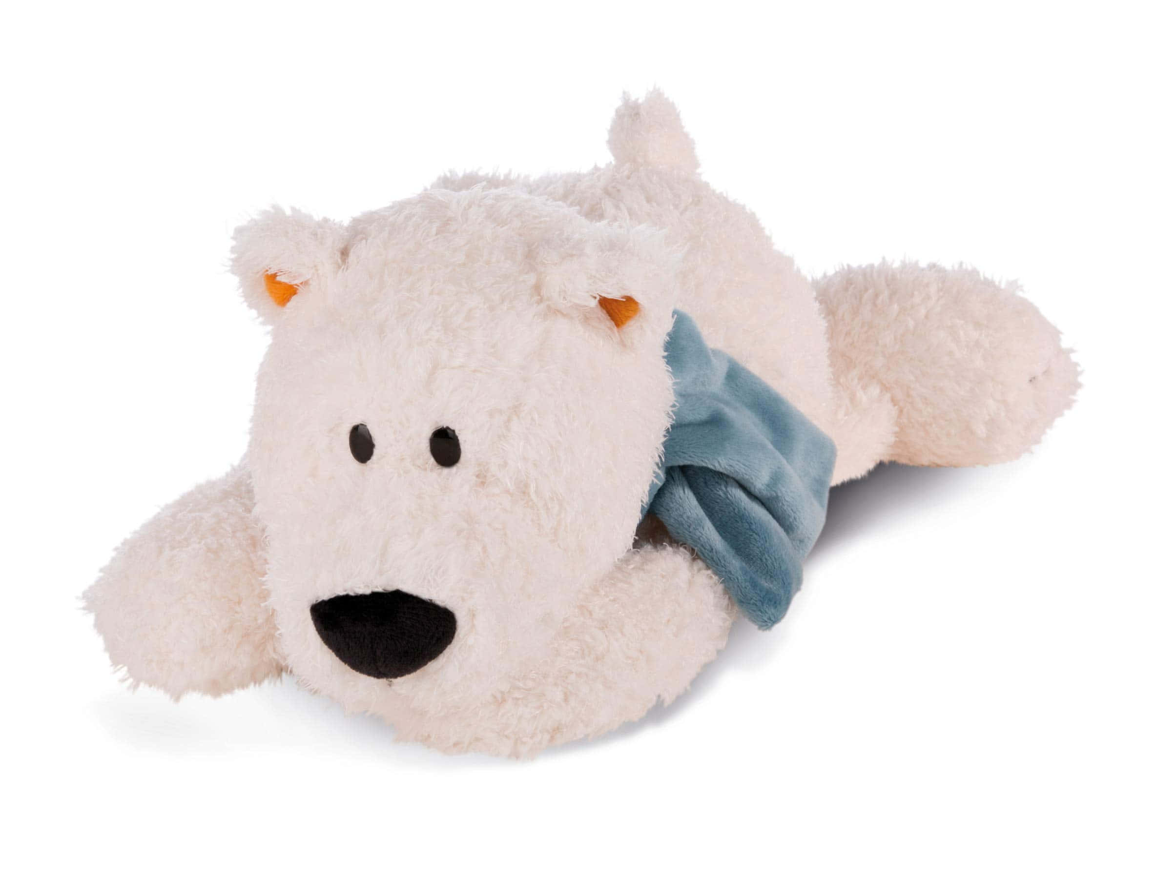 Cuddly 桌布 壁紙 — 一個柔軟的白色毛絨北極熊玩具趴著，戴著藍色圍巾，背景是乾淨的白色。