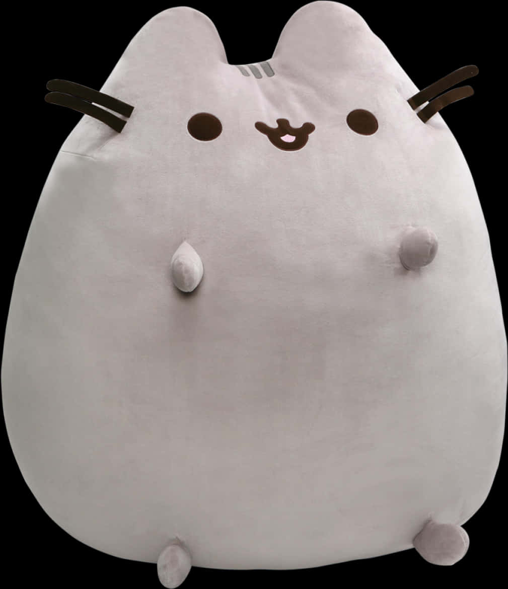卡通 桌布 壁紙 — 一個柔軟的白色毛絨玩具，是受歡迎的貓角色 Pusheen，有棕色眼睛和鬍鬚，背景為黑色。