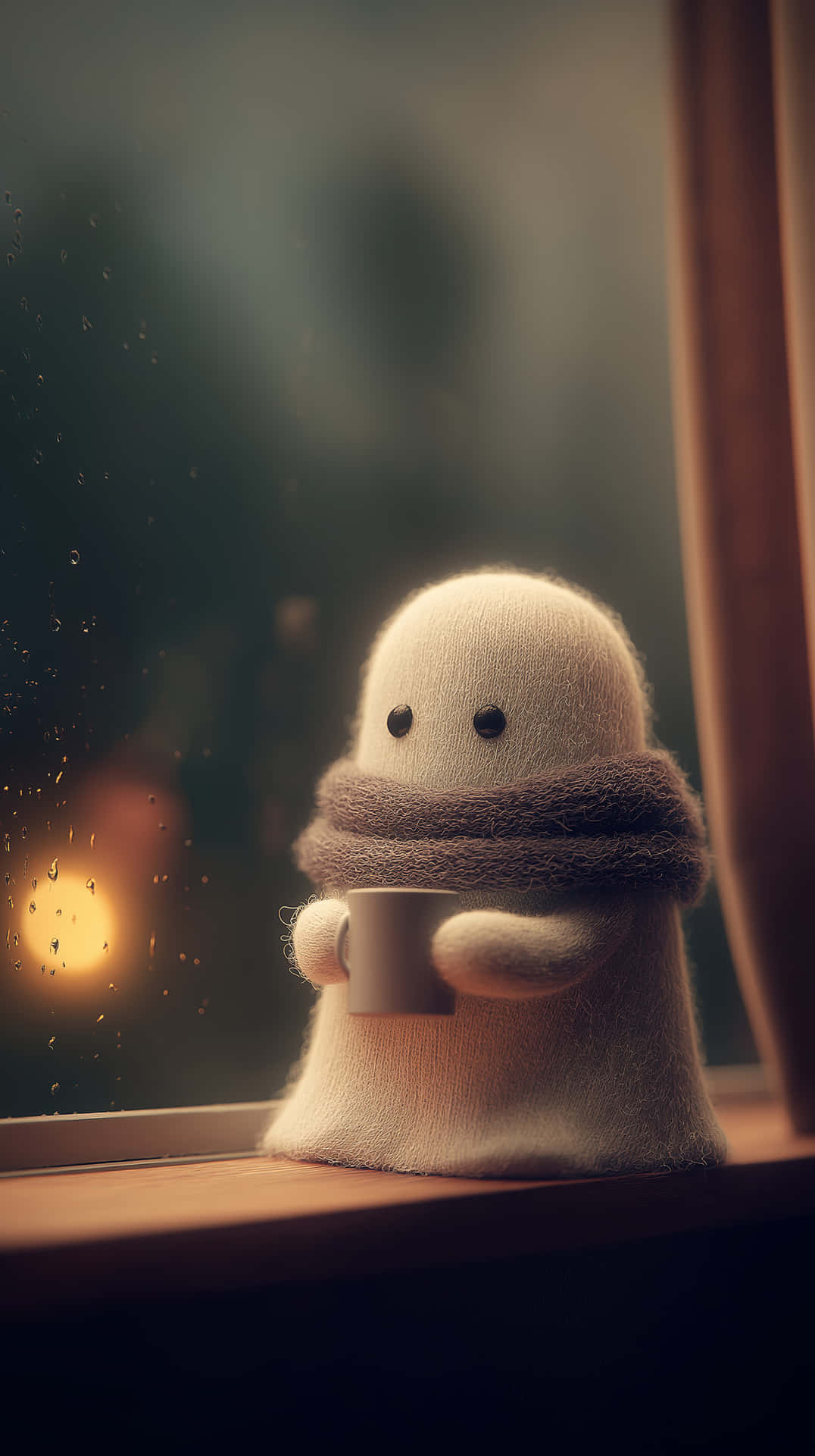 Fuzzy Ghost with Scarf and Mug by Rainy Window 壁紙 — 一個柔軟的白色編織鬼魂，戴著棕色圍巾，在窗台上拿著一個杯子，雨水在身後的玻璃上流淌。