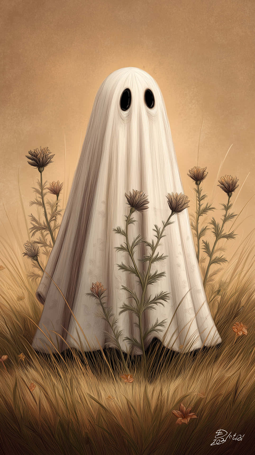 Minimalist Ghost in Field with Dark Flowers Artistic Render 壁紙 — 一個柔軟的白色鬼魂，帶有黑色眼洞，平靜地站在一片高高的金色草和乾燥的薊花田中，在溫暖的棕褐色天空下。