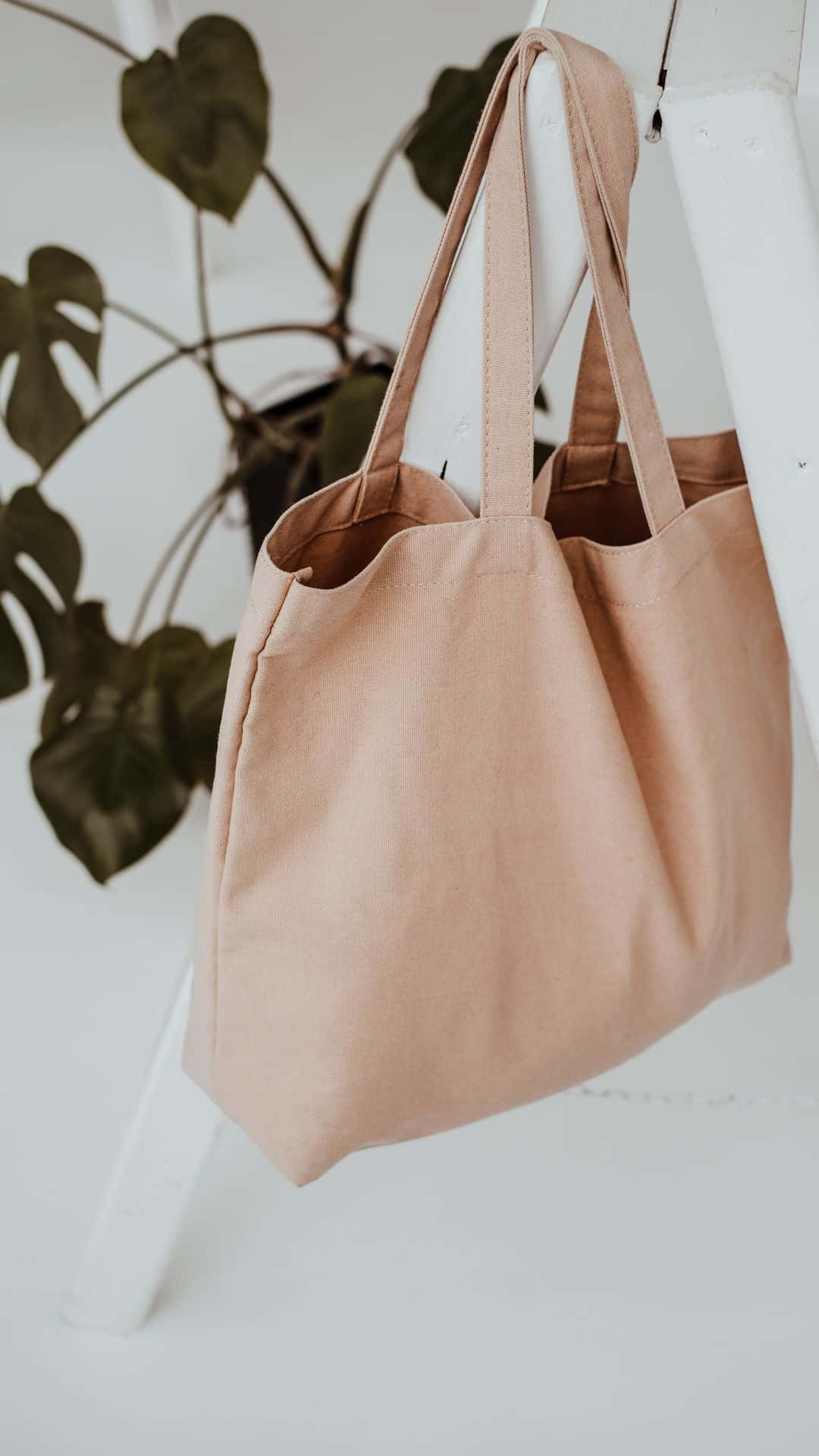 Soft Brown Aesthetic 桌布 壁紙 — 一個柔軟的米色帆布手提袋掛在白色椅子上，旁邊是龜背竹植物，營造出簡約的室內環境。