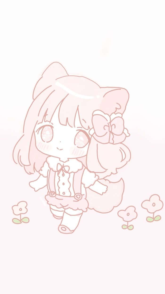 動漫女孩 桌布 壁紙 — 一個柔軟的粉紅色Q版動漫女孩，有貓耳和蝴蝶結，在淡色背景的小花旁溫柔地微笑。