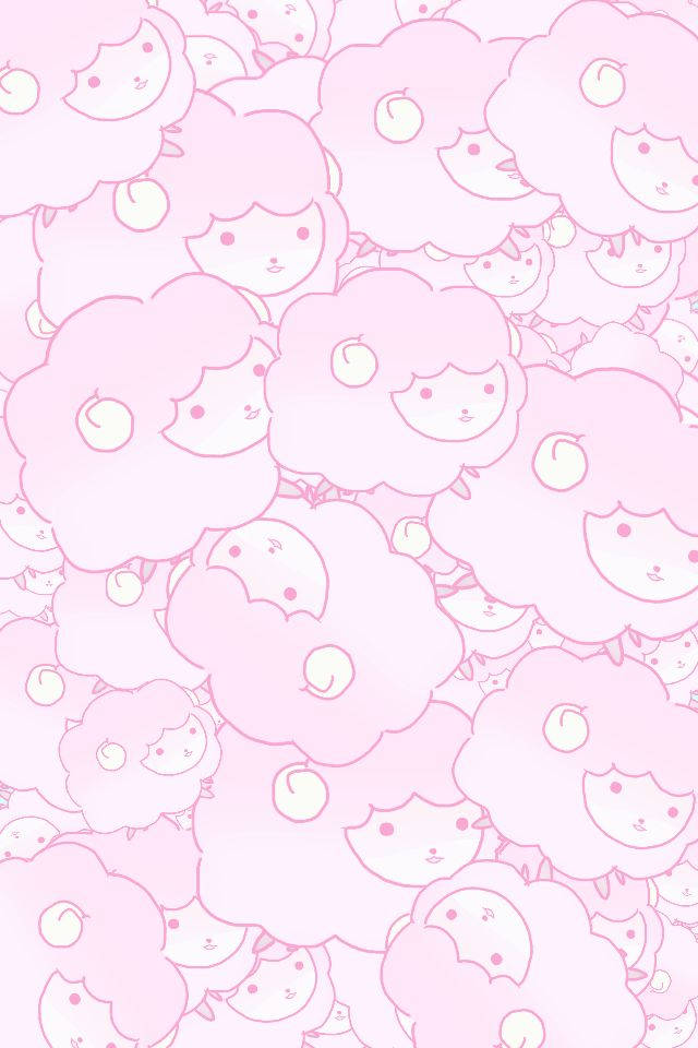 Sheep 桌布 壁紙 — 一個柔軟的粉紅色壁紙，充滿可愛卡通羊臉的重複圖案。