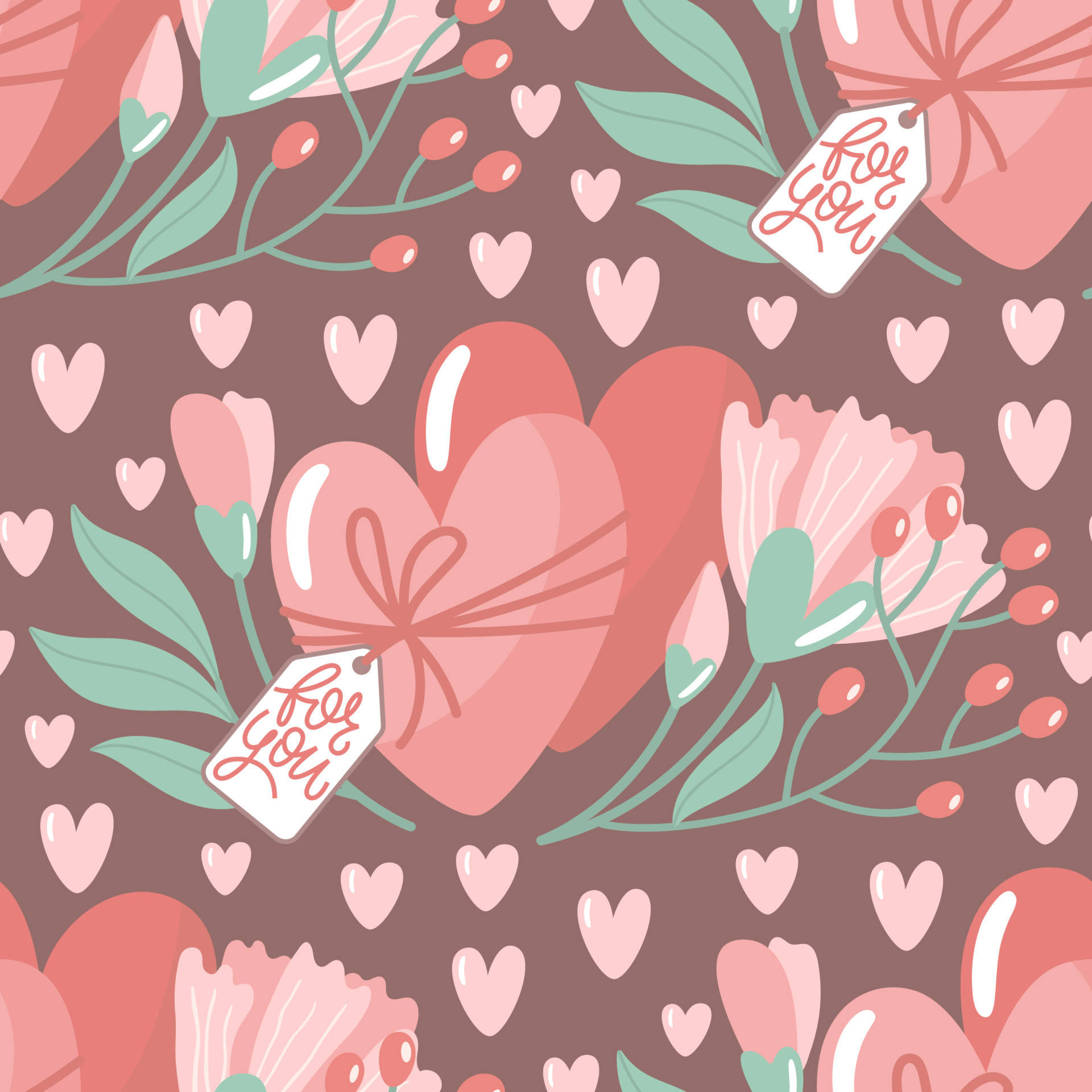 Tumblr Valentines Day 桌布 壁紙 — 一個柔軟的粉紅色心形，用絲帶包裹，附有寫著「給你」的標籤，周圍環繞著花朵和心形，背景為柔和的棕色。
