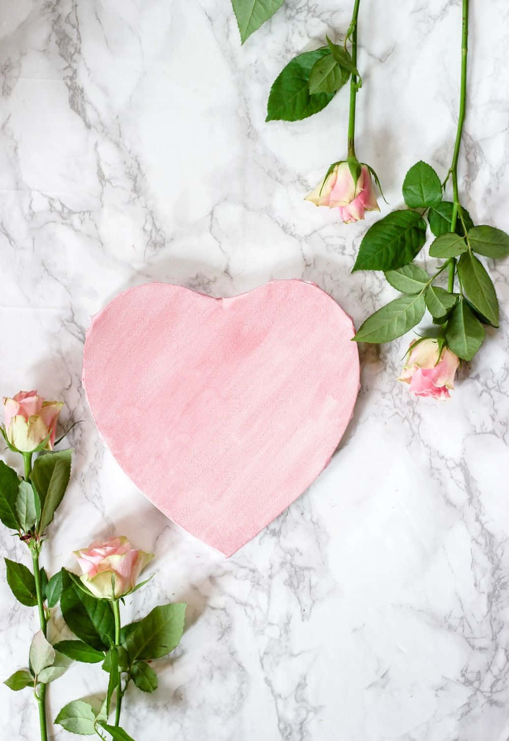 Pink Roses 桌布 壁紙 — 一個柔軟的粉紅色心形物體放在白色大理石表面上，周圍環繞著精緻的粉紅玫瑰和綠色莖幹。