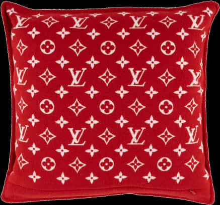 Louis Vuitton Pattern 桌布 壁紙 — 一個柔軟的紅色天鵝絨枕頭，上面覆蓋著重複的白色 Louis Vuitton 字母圖案。