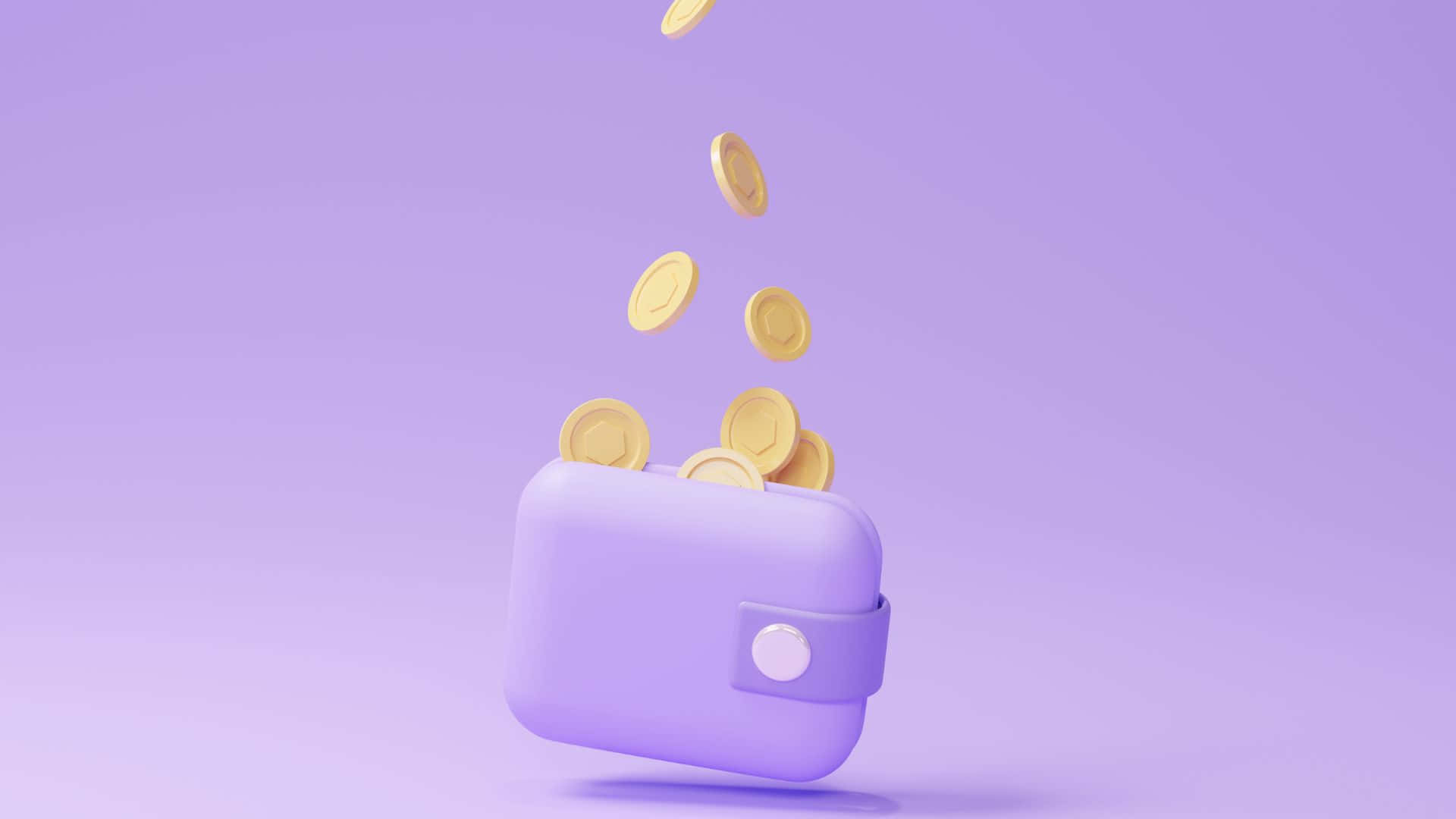 Purple Wallet 桌布 壁紙 — 一個柔軟的紫色錢包在漸變薰衣草背景上，以極簡3D渲染灑出金幣。