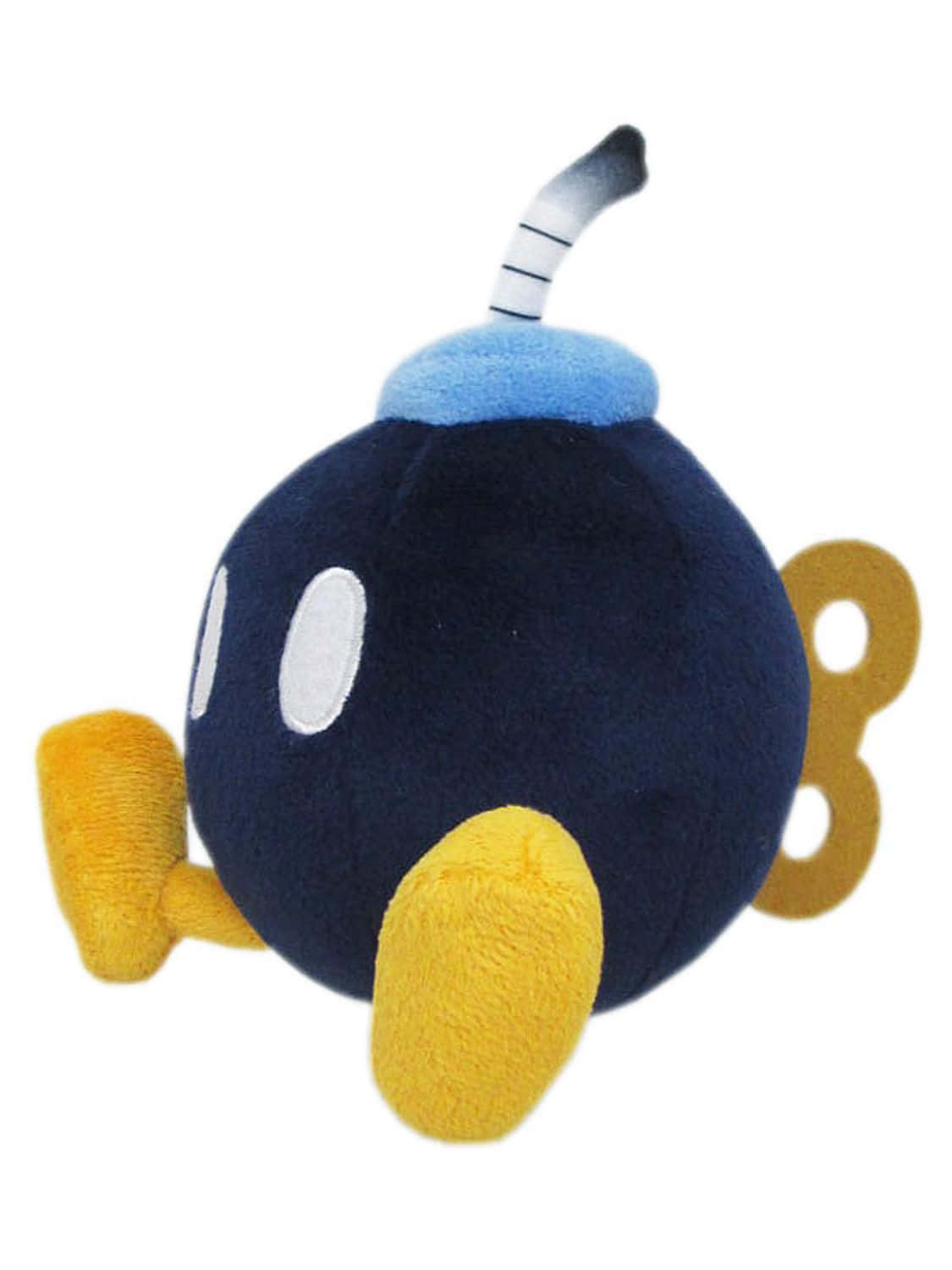 Bob-omb 桌布 壁紙 — 一個柔軟的絨毛玩具，形狀像卡通炸彈，有藍色頂部、白色眼睛、黃色腳和條紋引信。