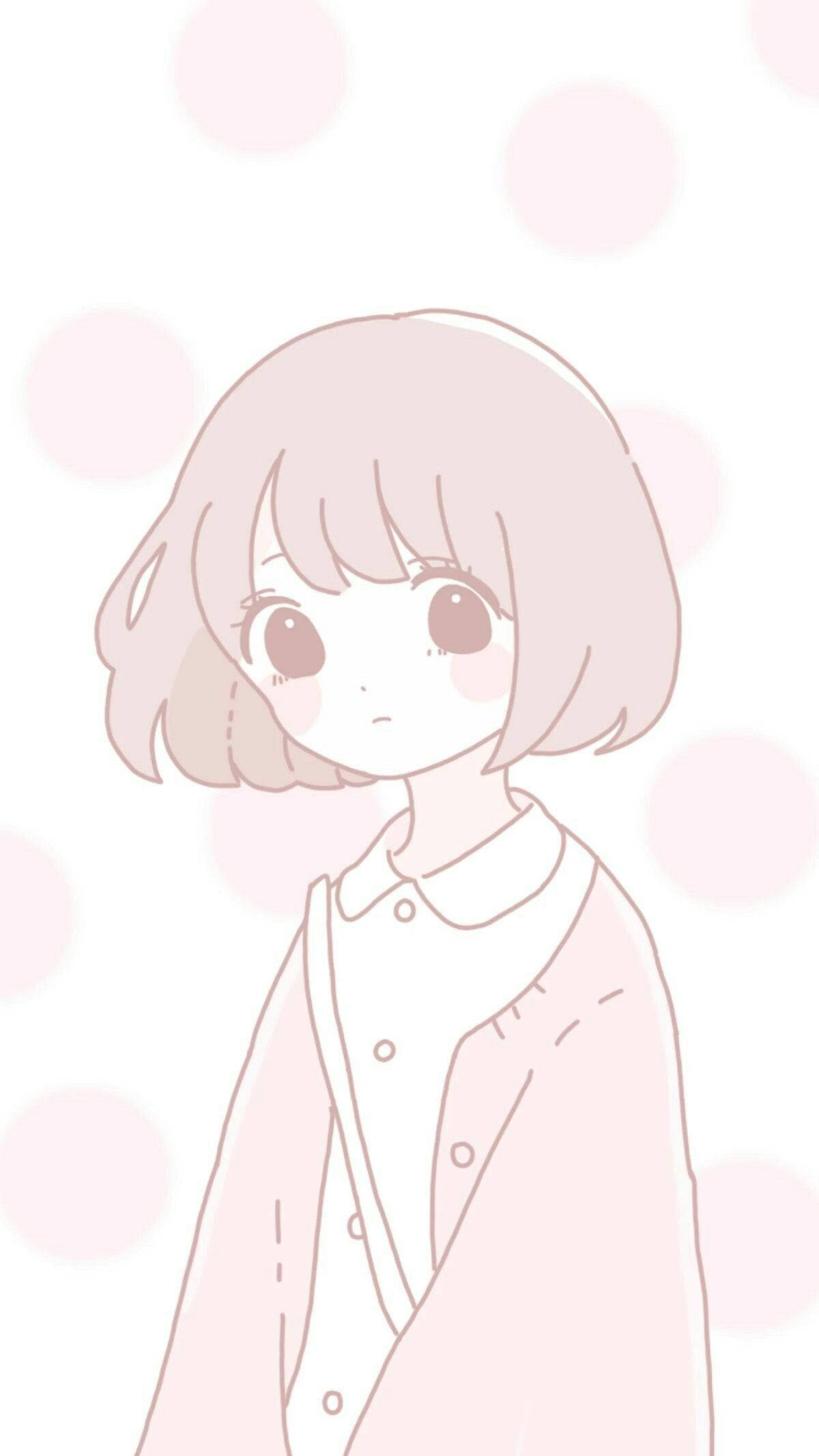 動漫女孩 桌布 壁紙 — 一個柔軟粉紅色的動漫女孩，大眼睛和鮑伯頭，站在粉彩圓點背景前。
