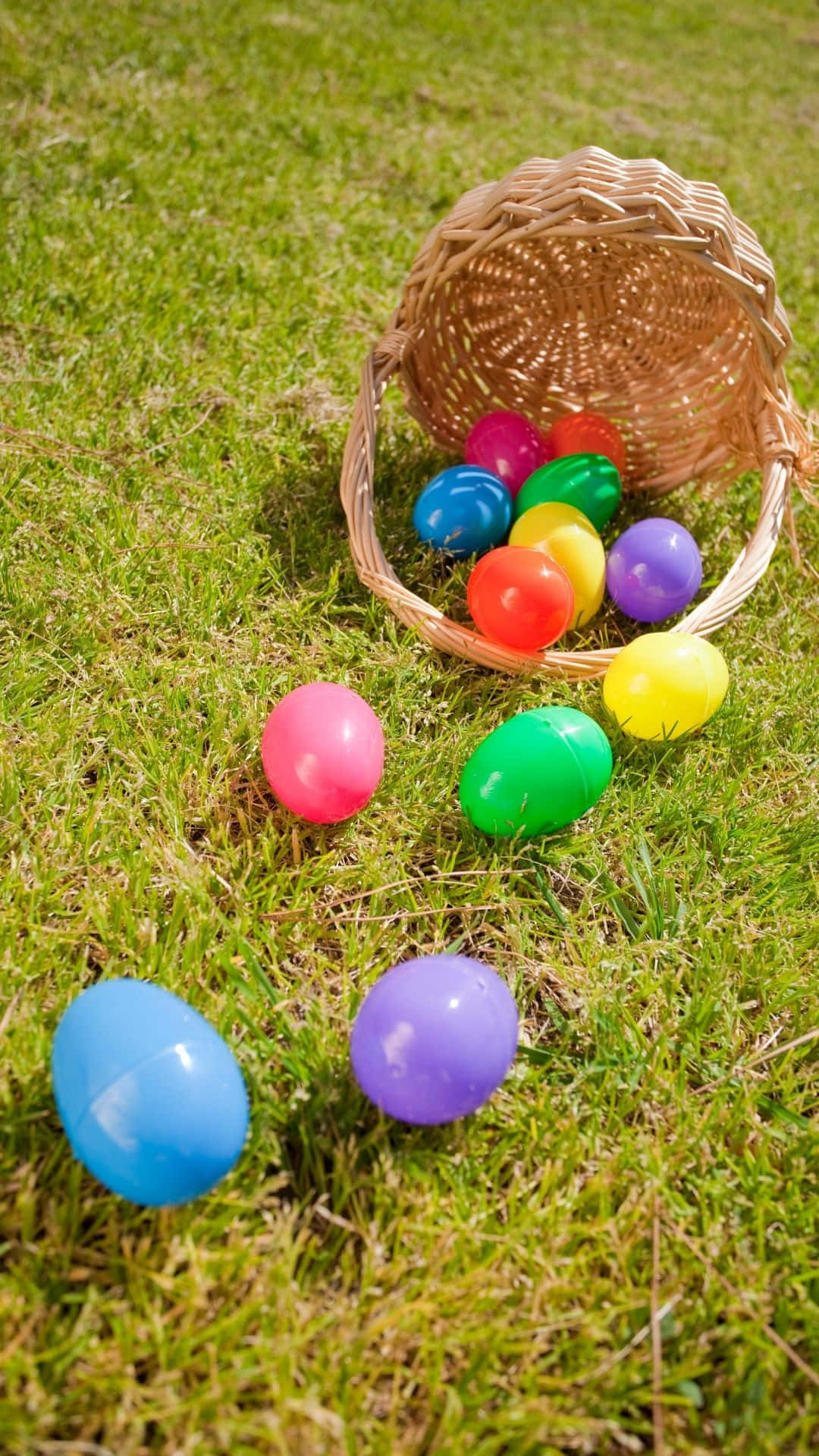 Easter Basket 桌布 壁紙 — 一個柳條籃子翻倒在草地上，色彩繽紛的塑料復活節蛋灑出並散落在周圍。