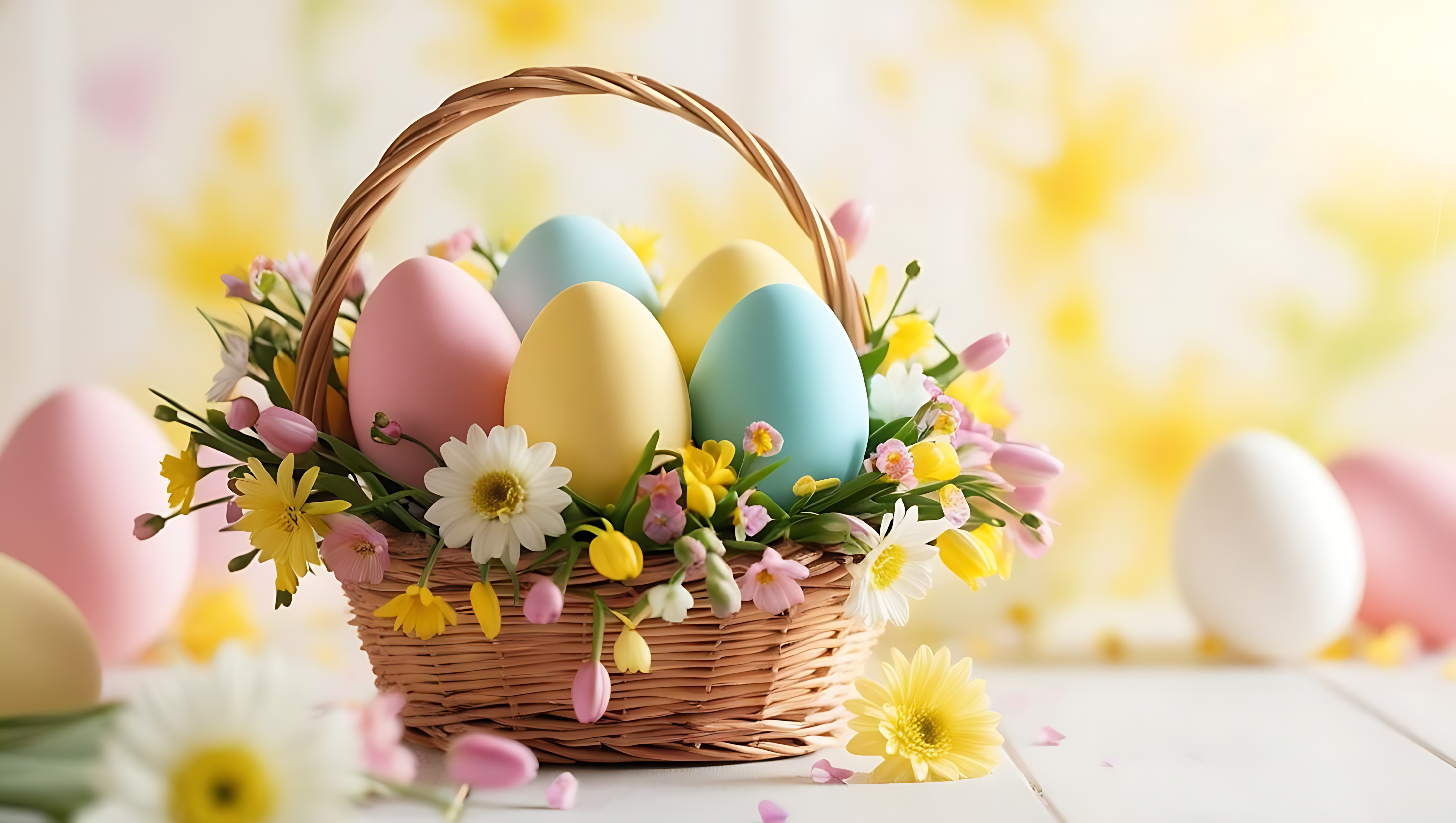 basket 桌布 壁紙 — 一個柳條籃子裝滿了粉彩復活節彩蛋和春天花朵，放在白色木質表面上，背景是模糊的花卉圖案。