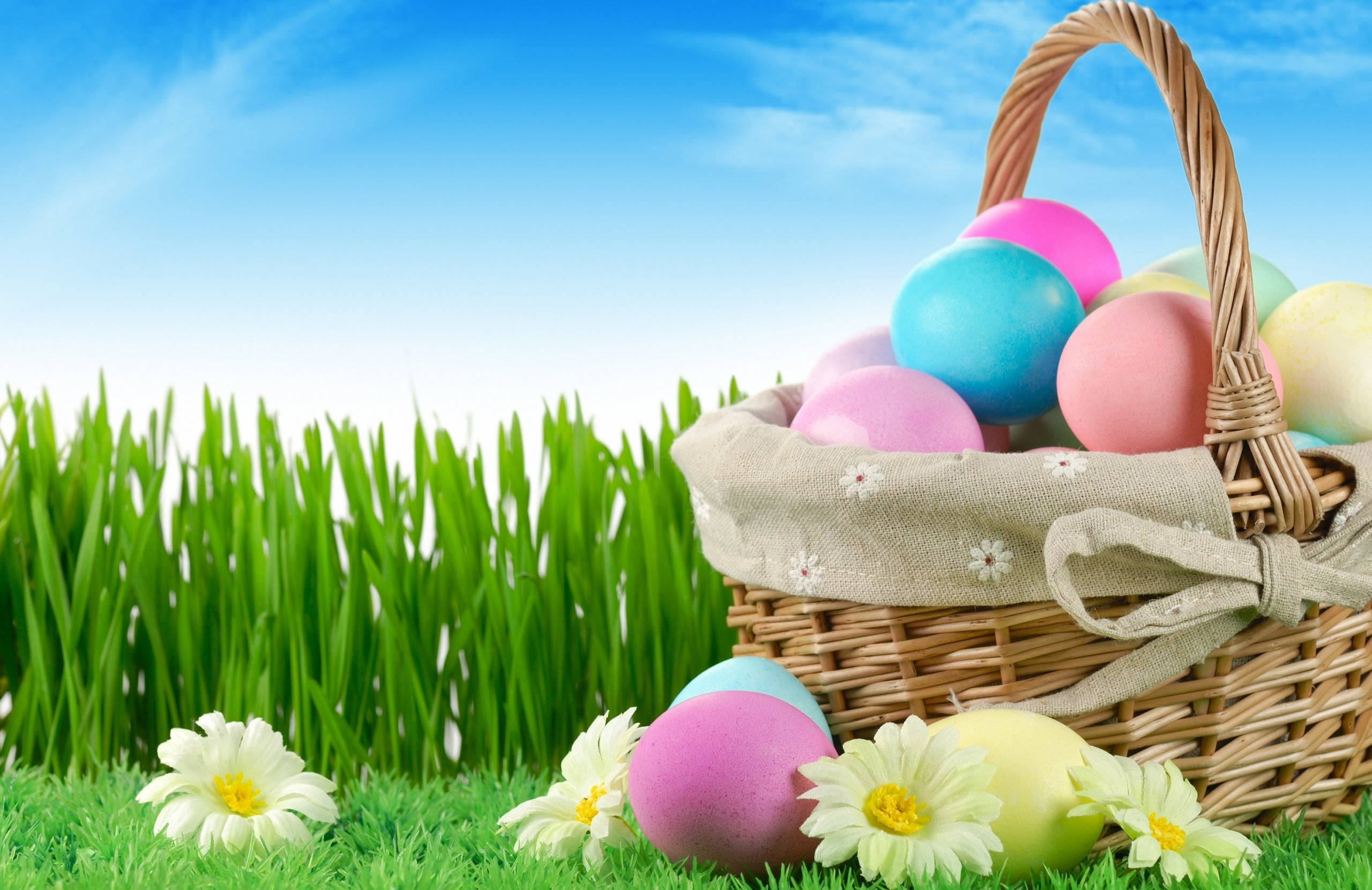 Cute Easter 桌布 壁紙 — 一個柳條籃子裝滿了色彩繽紛的復活節彩蛋，放在生機勃勃的綠草地上，附近有白色雛菊，頭頂是清澈的藍天。