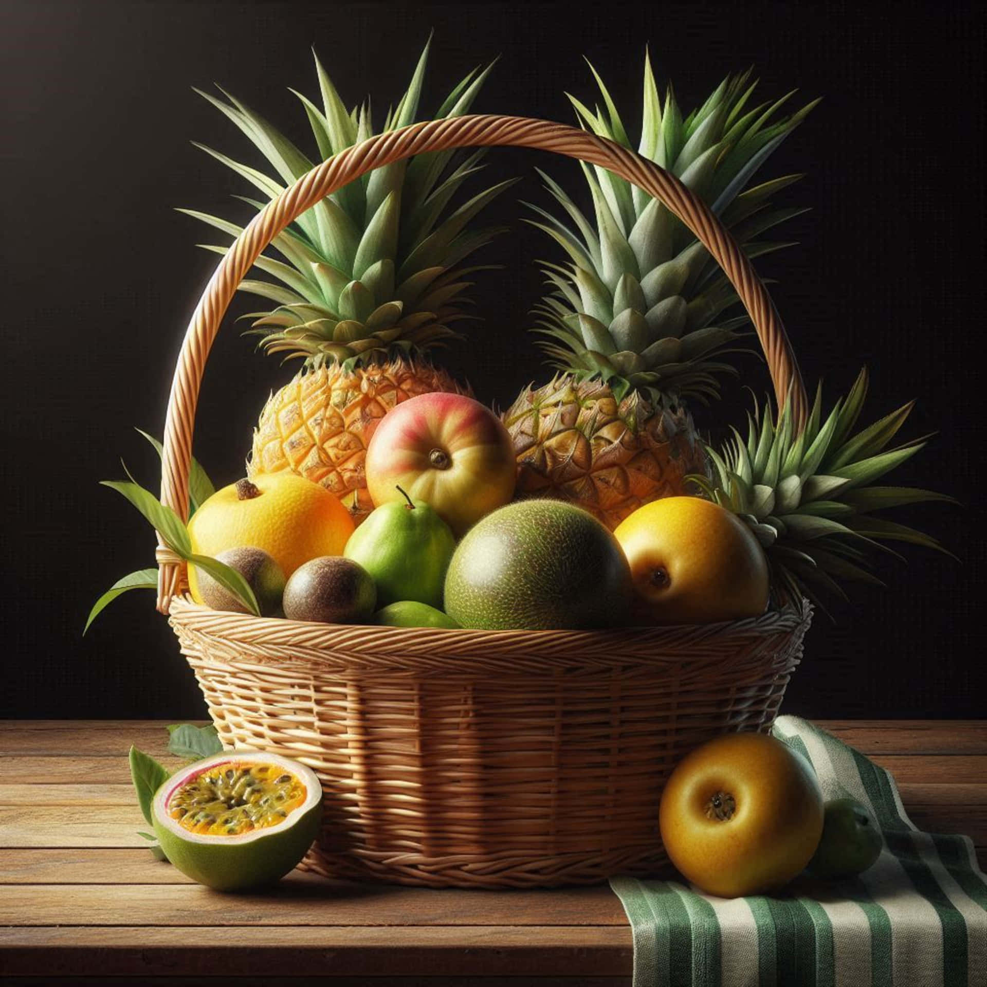 fruit basket 壁紙 — 一個柳條籃子裝滿了鳳梨、蘋果、梨子和百香果，放在木桌上，背景深色。