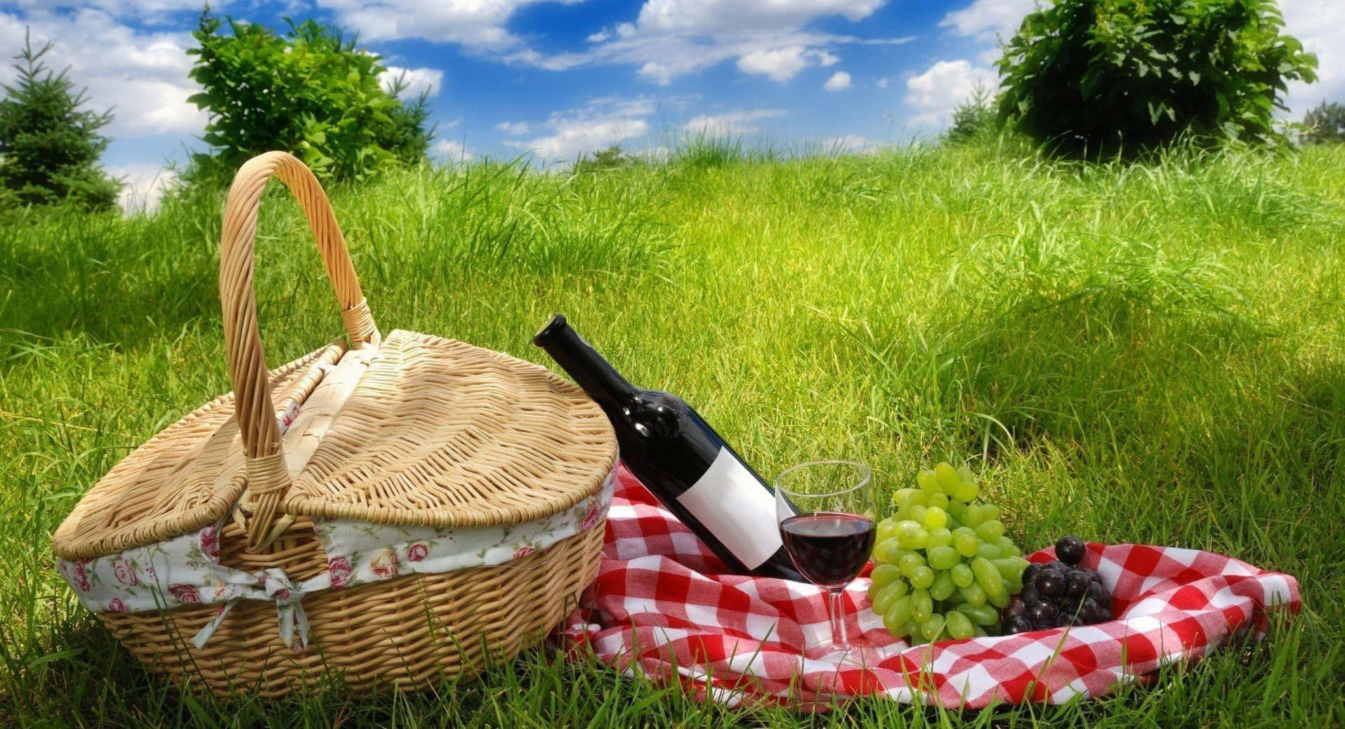 basket 桌布 壁紙 — 一個柳條編織的野餐籃、紅酒杯和新鮮葡萄放在紅色格子毯上，位於陽光明媚的草地上，藍天白雲。