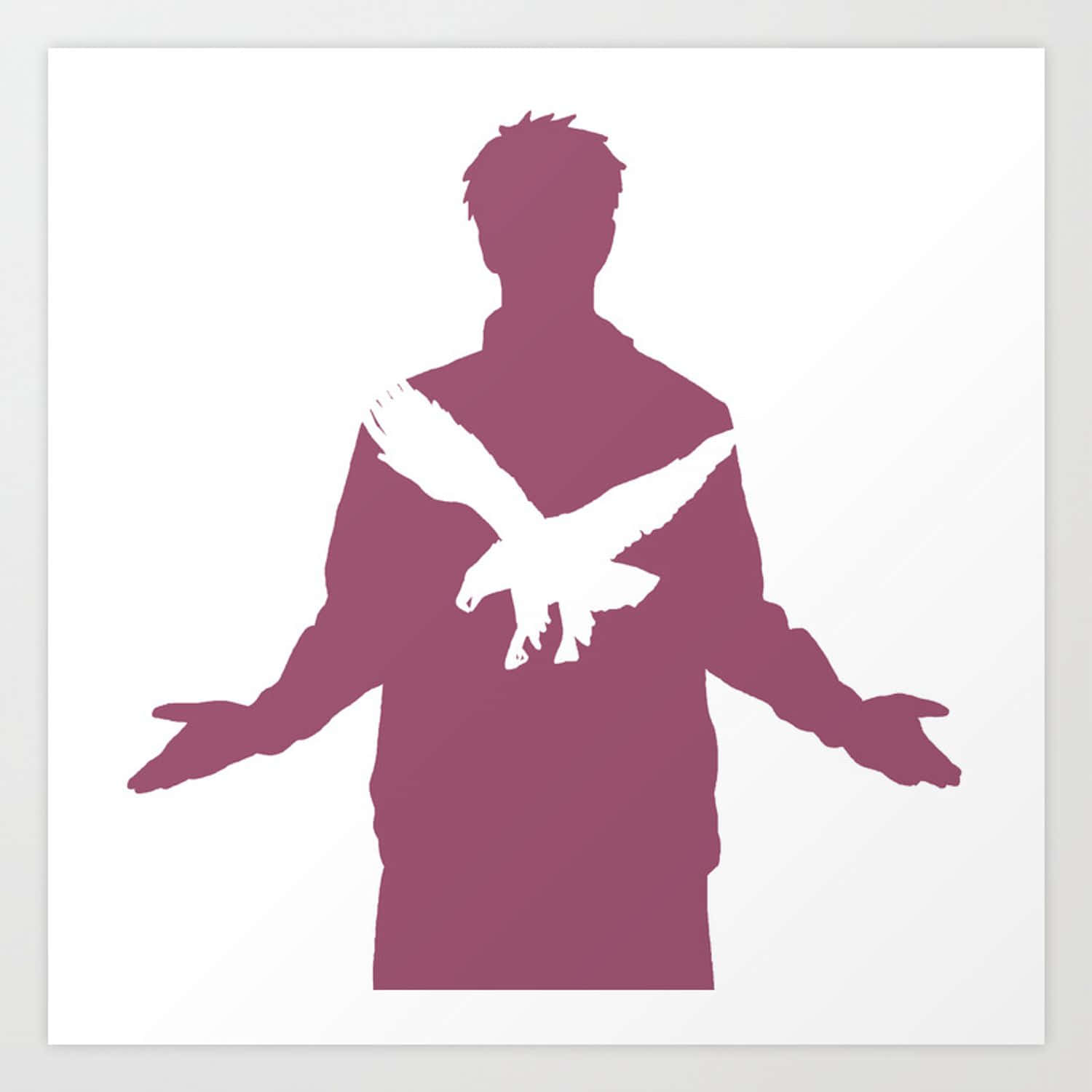 Ushijima Wakatoshi 桌布 壁紙 — 一個栗色的人形剪影，雙臂張開，胸前有一隻白色的鳥在飛翔，背景是純白色。