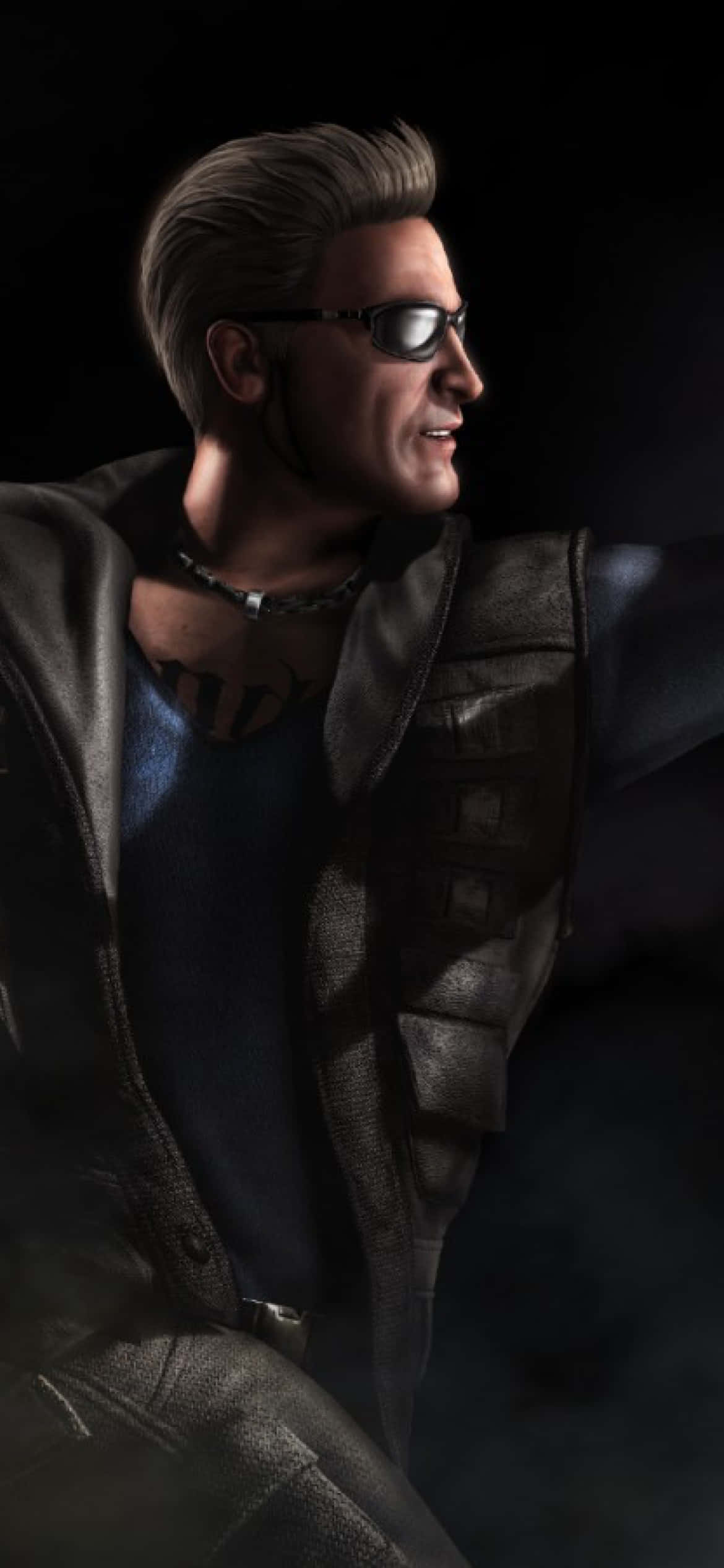 Johnny Cage 桌布 壁紙 — 一個梳著向後梳的頭髮、戴著太陽眼鏡的男人，在黑暗煙霧背景前，穿著藍色襯衫外搭皮背心。