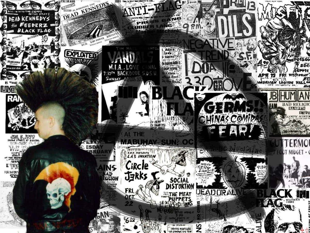 punk 桌布 壁紙 — 一個梳著莫西干頭、穿著骷髏外套的龐克站在一面貼滿復古硬核龐克演唱會海報的牆前。