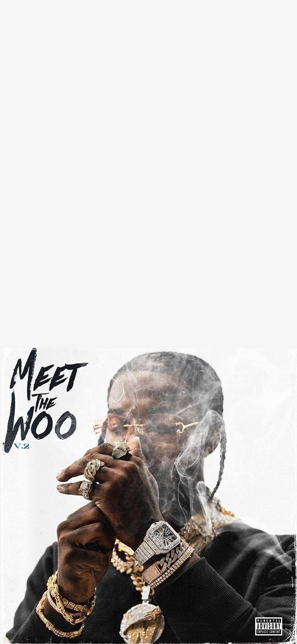 pop 桌布 壁紙 — 一個梳辮子、戴金鏈的男人在純白背景上抽雪茄，並帶有「Meet the Woo」文字。