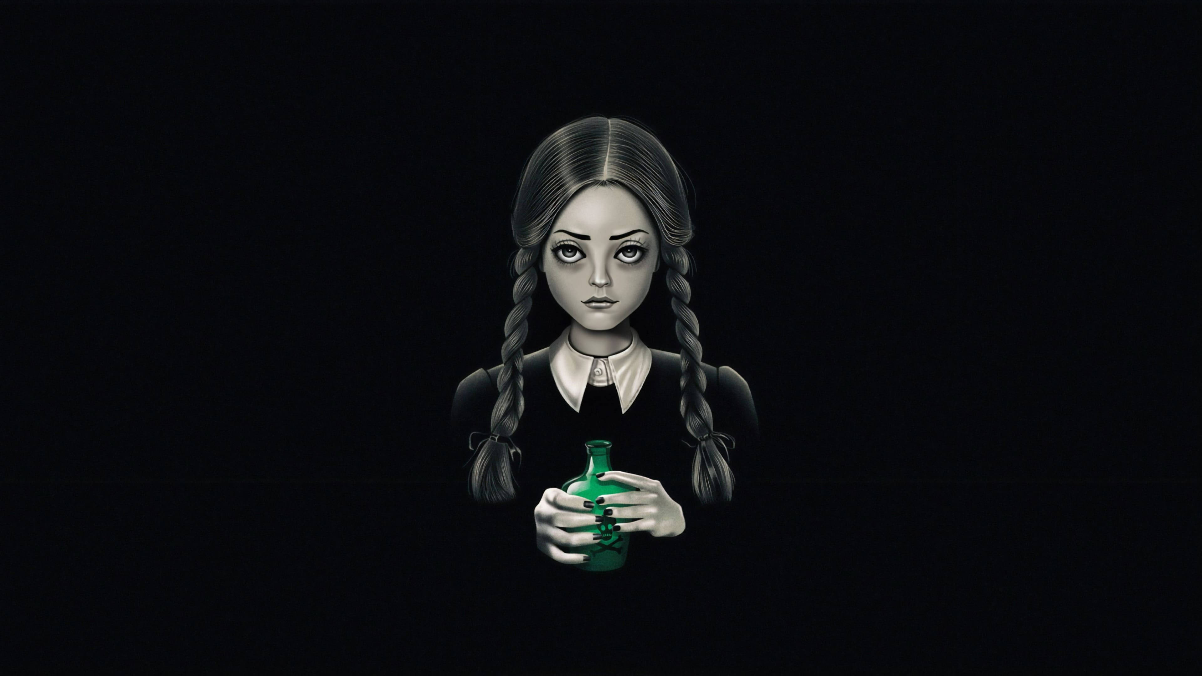 Goth 桌布 壁紙 — 一個梳辮子的哥德女孩，在黑色背景前拿著一個發光的綠色瓶子。