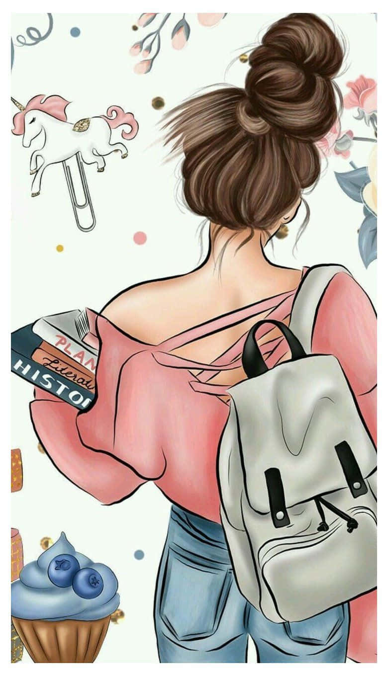少女風 桌布 壁紙 — 一個梳高髮髻、穿粉紅色上衣的女孩，背著背包和書本，周圍環繞著奇思妙想的漂浮物體。