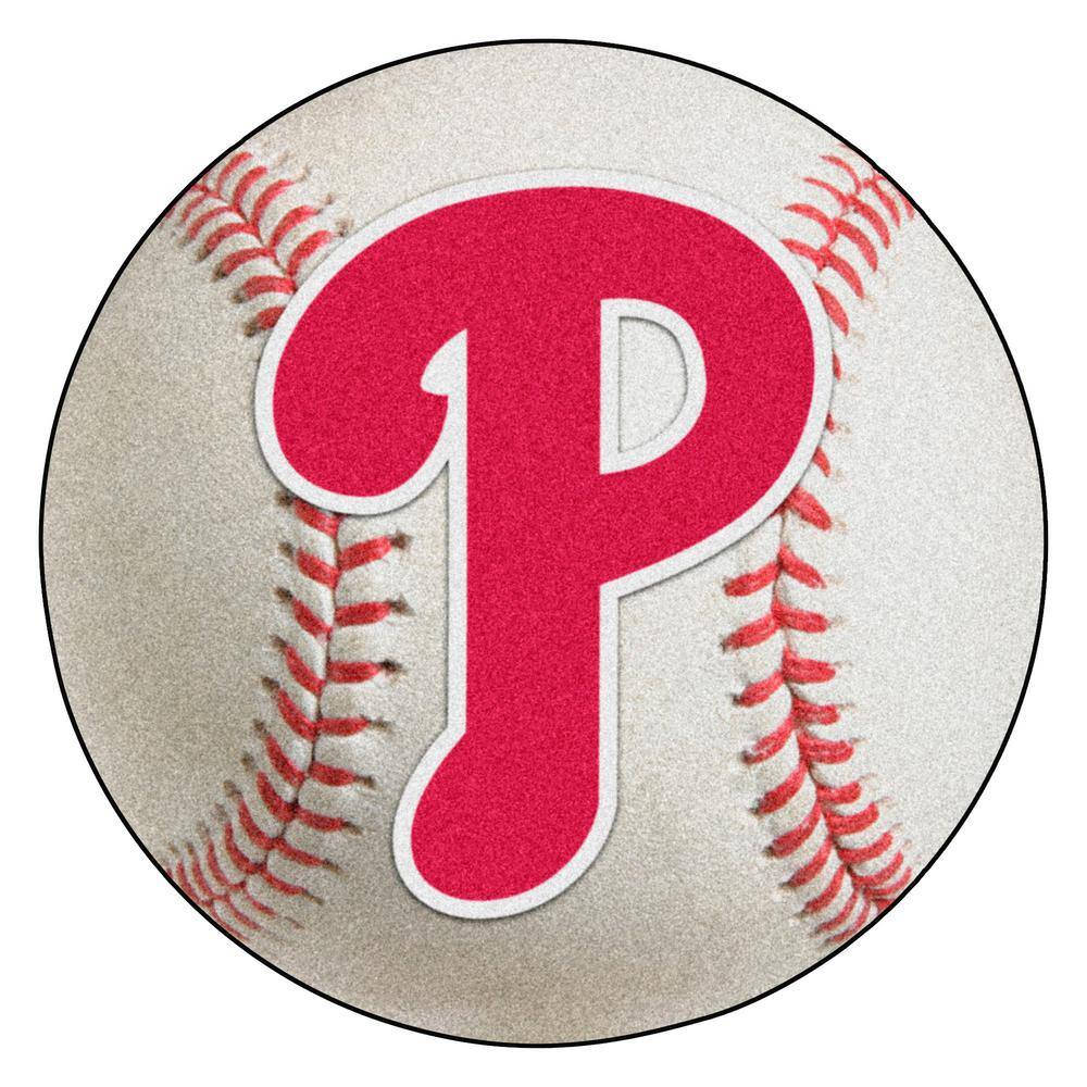 Phillies 桌布 壁紙 — 一個棒球的近距離特寫，其紋理表面上縫有一個粗體紅色「P」標誌。