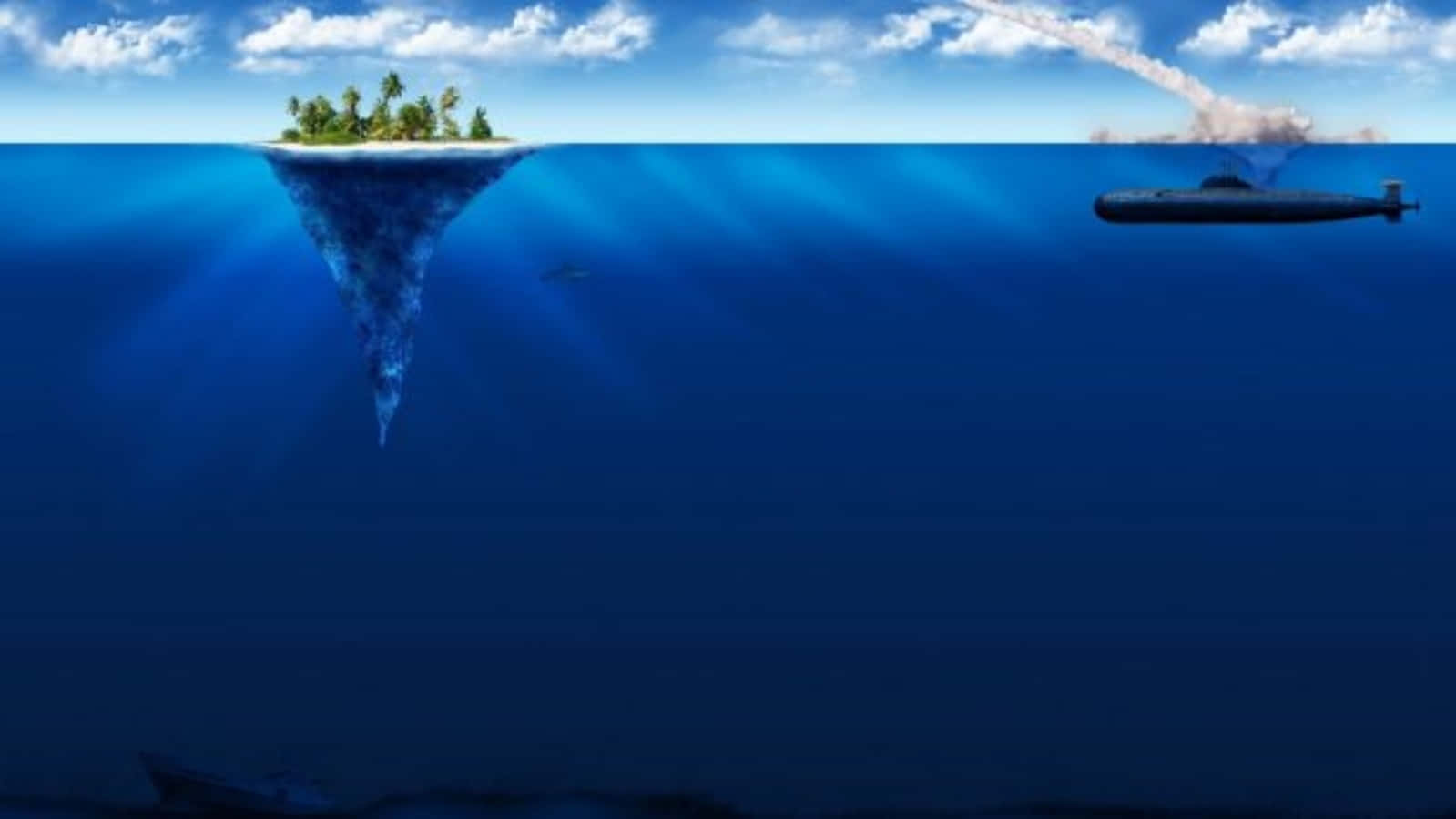 Deep 桌布 壁紙 — 一個棕櫚樹叢生的沉沒島嶼從深藍色海水中升起，一艘潛艇向水面發射導彈。