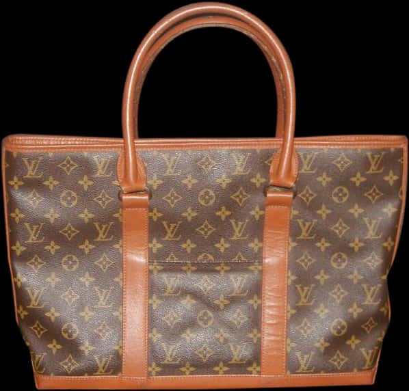 路易威登 桌布 壁紙 — 一個棕色 Louis Vuitton 字母組合帆布手提袋，配有棕褐色皮革手柄和飾邊，背景為黑色。