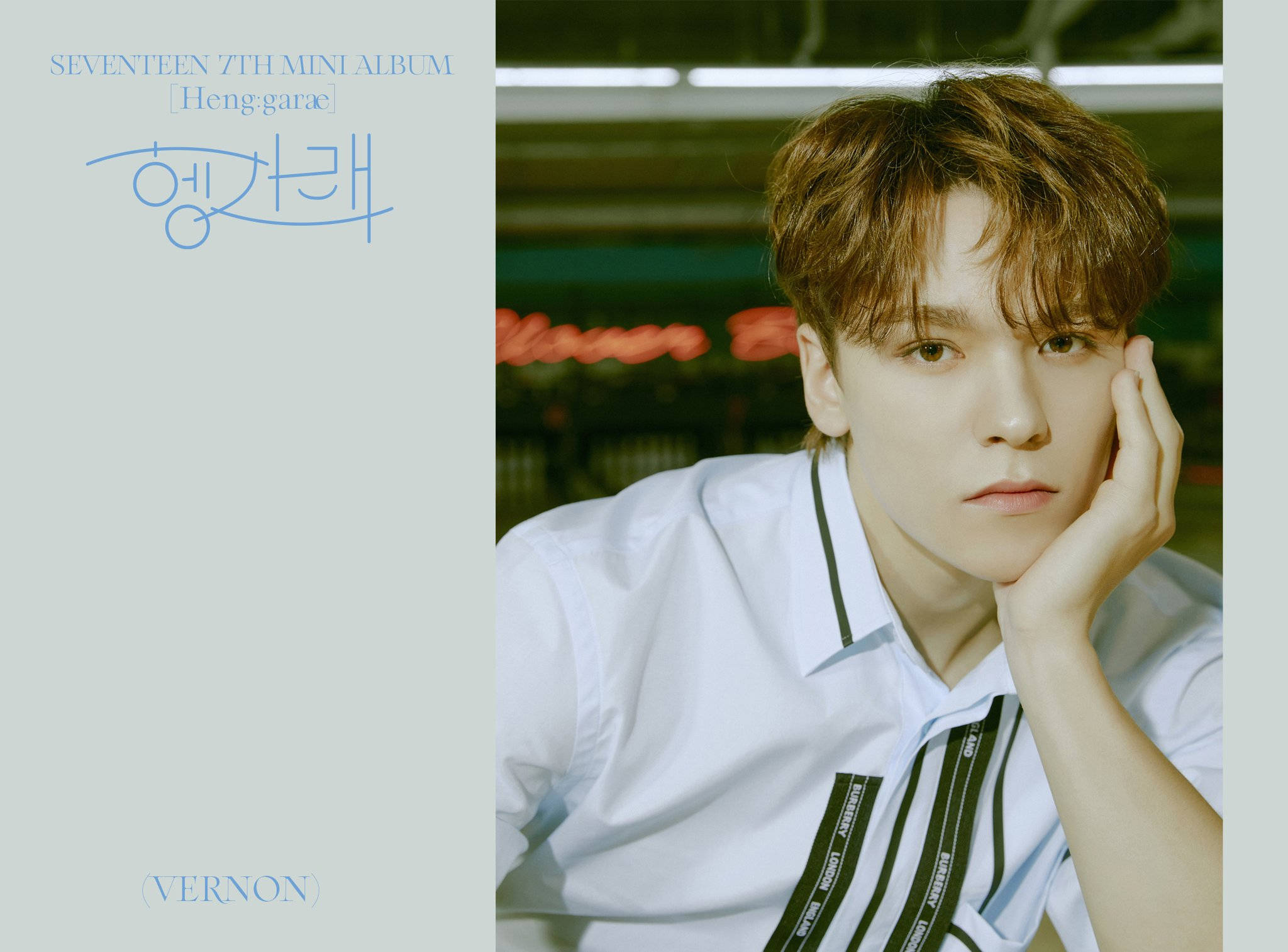 Vernon 桌布 壁紙 — 一個棕色亂髮的年輕男子，穿著帶黑色條紋的白襯衫，手托下巴，背景柔和模糊。