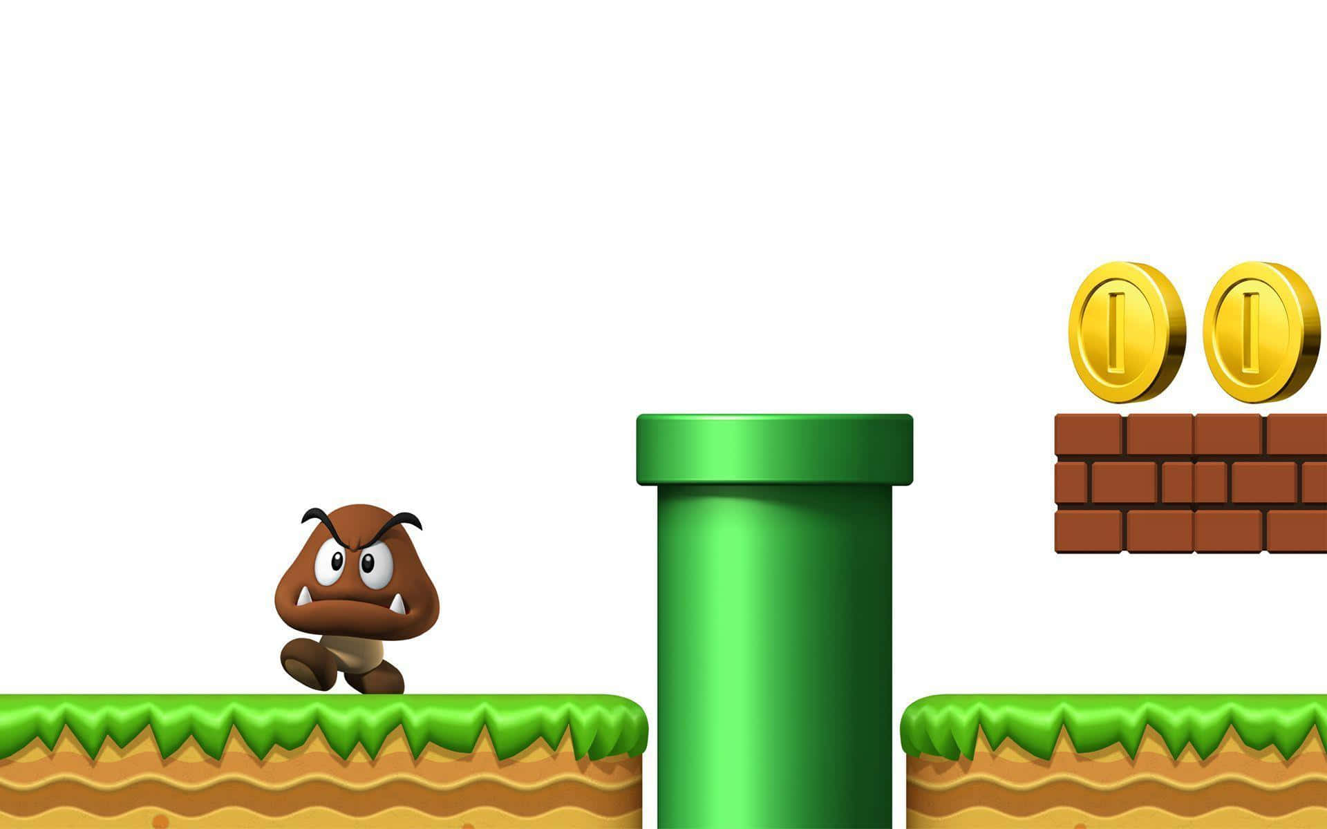 Goomba 桌布 壁紙 — 一個棕色的Goomba站在綠色草地平台上，旁邊有綠色水管和磚牆，還有兩個金幣。