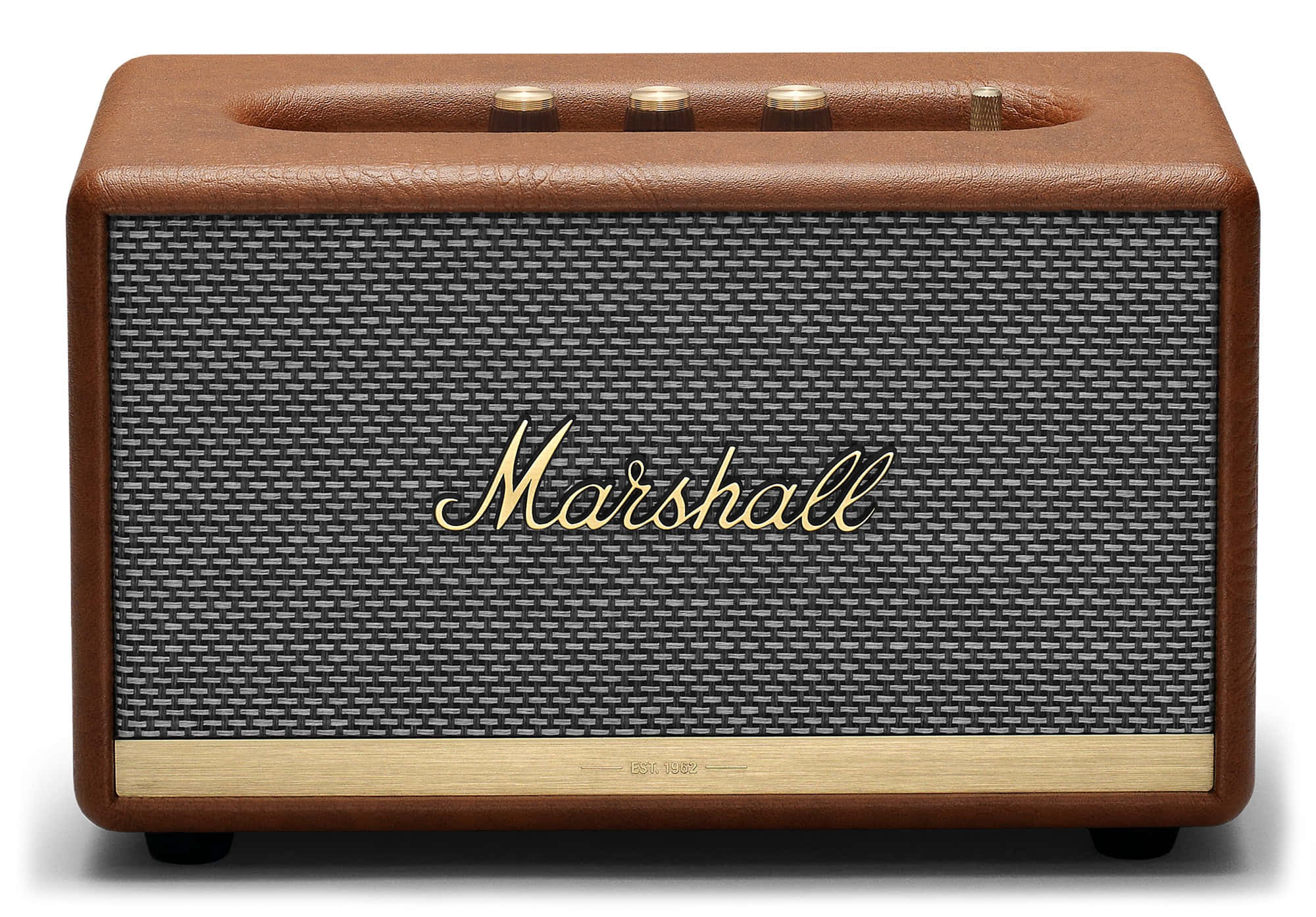 Marshall 桌布 壁紙 — 一個棕色皮革外殼、金色標誌的Marshall揚聲器，放在潔白的背景前。