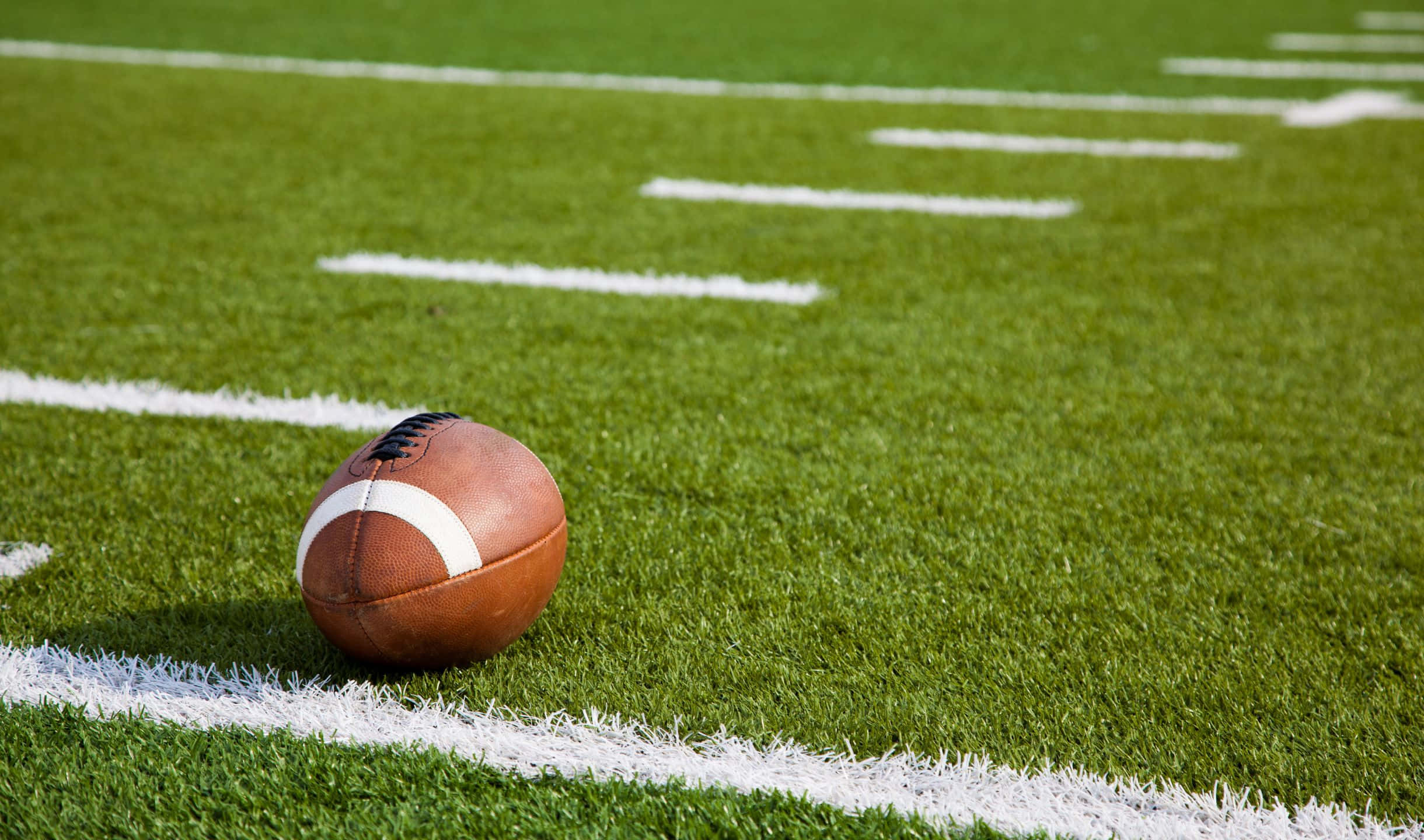 2440x1440 Football 桌布 壁紙 — 一個棕色皮革美式足球放在充滿活力的綠色草地上，草地上有清晰的白色碼線，在明亮的日光下。
