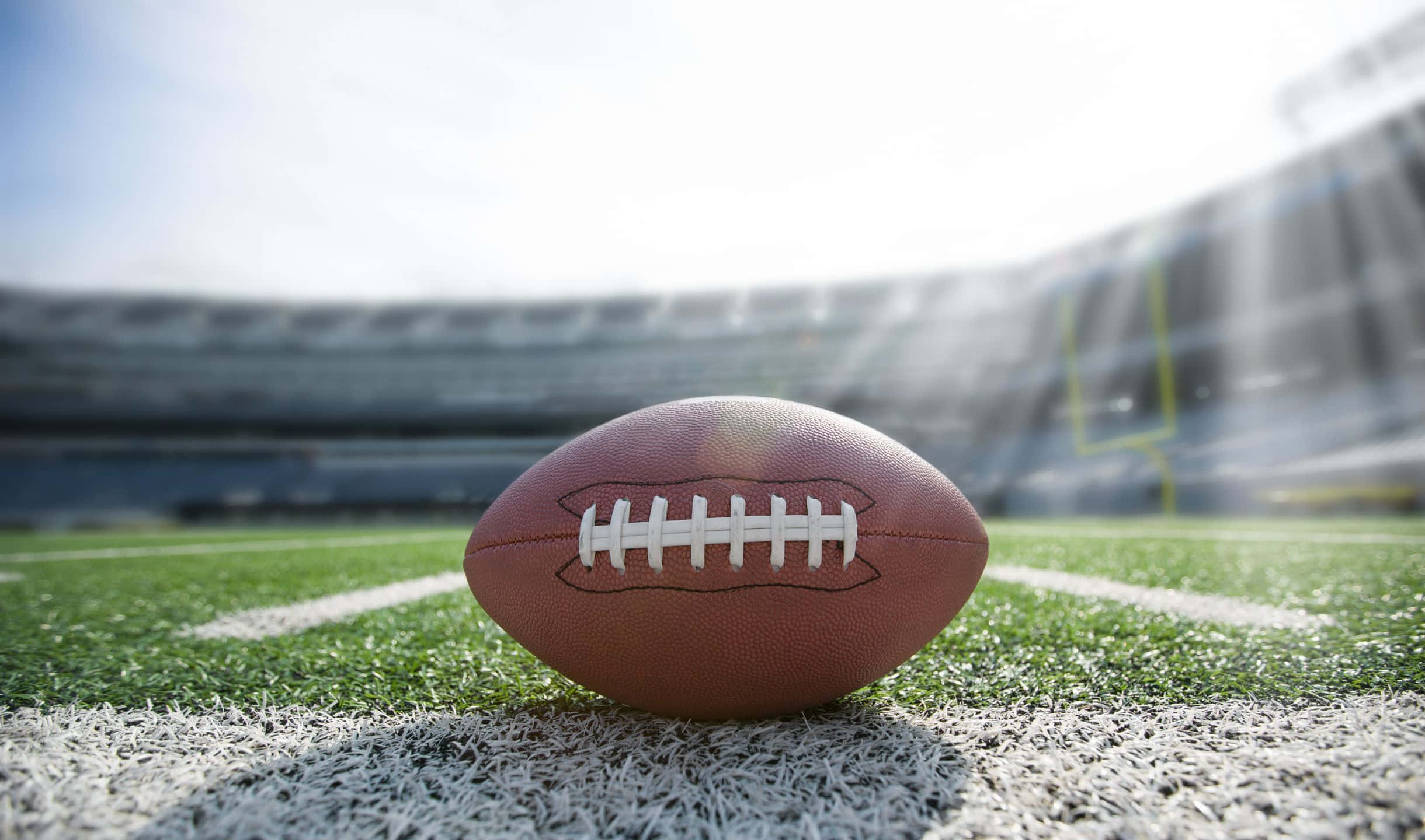 2440x1440 Football 桌布 壁紙 — 一個棕色皮革足球的特寫，放在充滿活力的綠色草地上，背景是模糊的體育場看台。