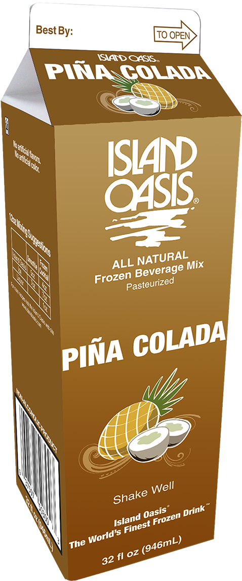 綠洲 桌布 壁紙 — 一個棕色紙板箱，內有Island Oasis Piña Colada冷凍飲料混合物，帶有鳳梨和椰子圖案。